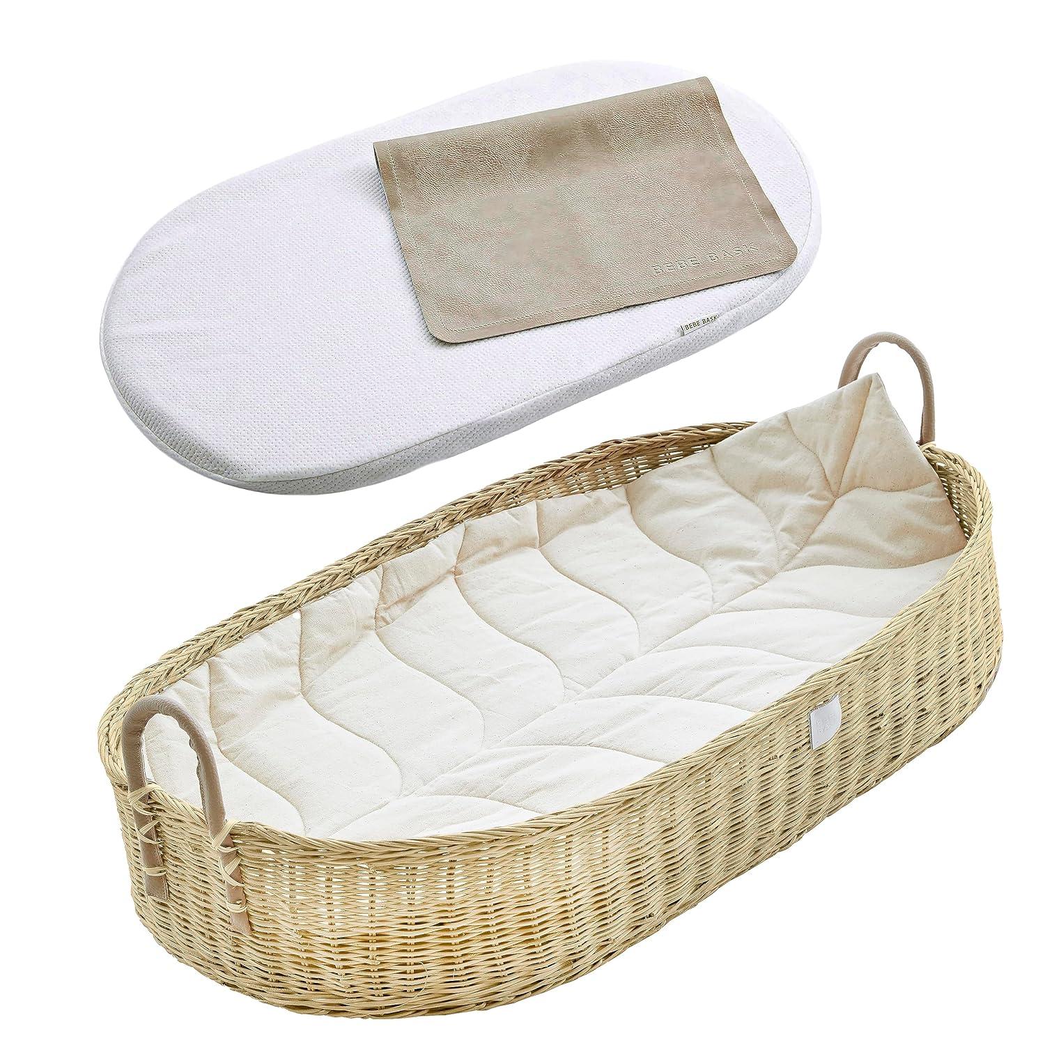 Premium Baby Changing Basket - Artisan-Crafted Rattan with Extra High Sides - Wicker Changing Basket for Baby Dresser - All Accessories Included - Complete Set for Nursery (Rattan)