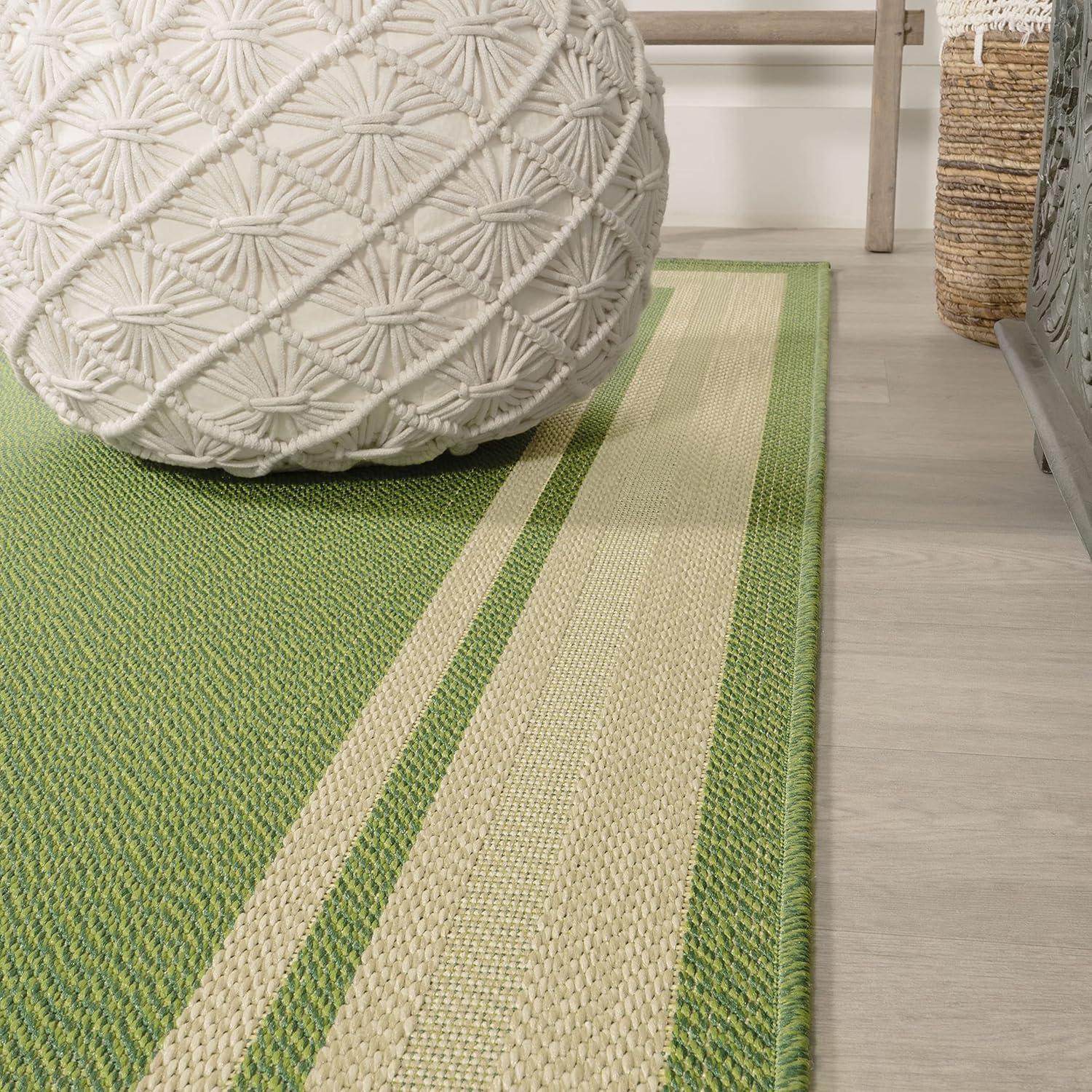 2' x 8' James Modern Border Stripe Indoor/Outdoor Runner Rug, Green/Cream - JONATHAN Y