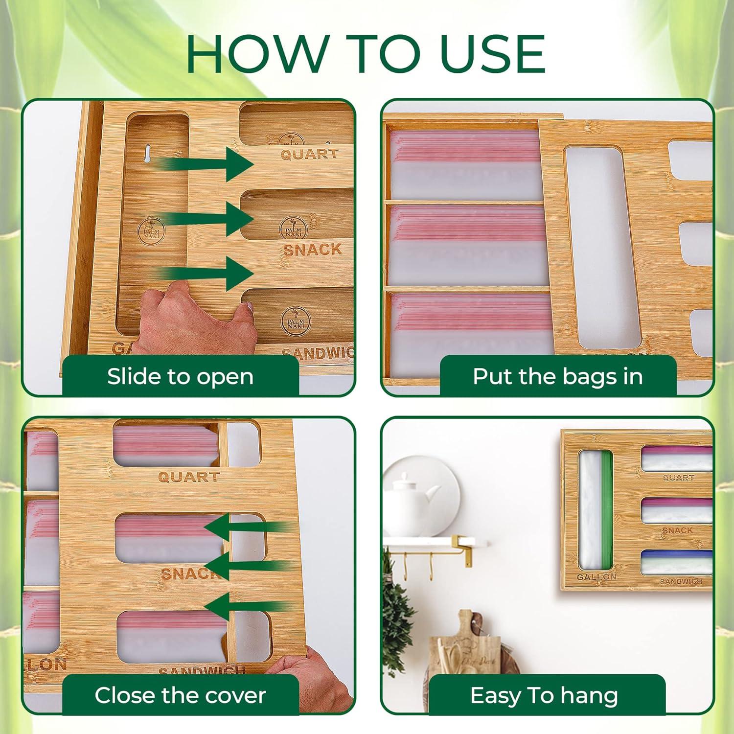 Palm Naki Bamboo Slotted Ziplock Bag Organizer for Kitchen