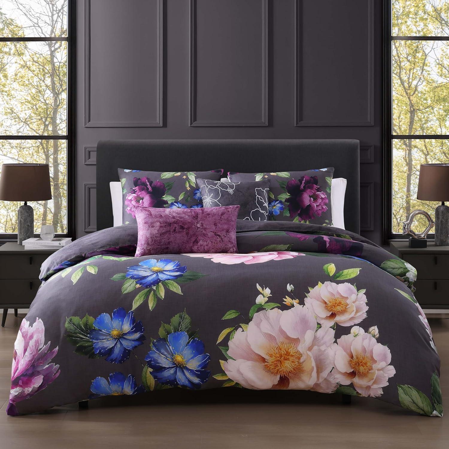 Elegant Blossoms Gray Cotton Queen Reversible Comforter Set