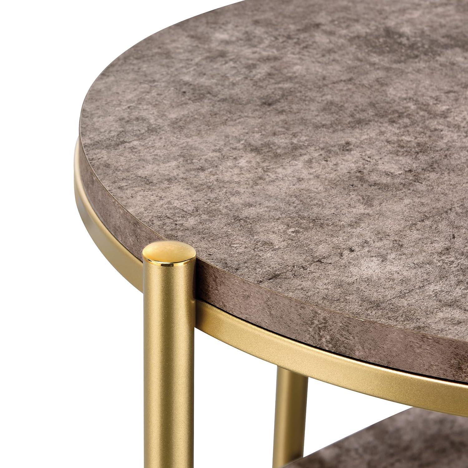 OSP Home Furnishings Renton 3-Tier Oval Side Table, Brown Stone Shelves and Soft Gold Frame
