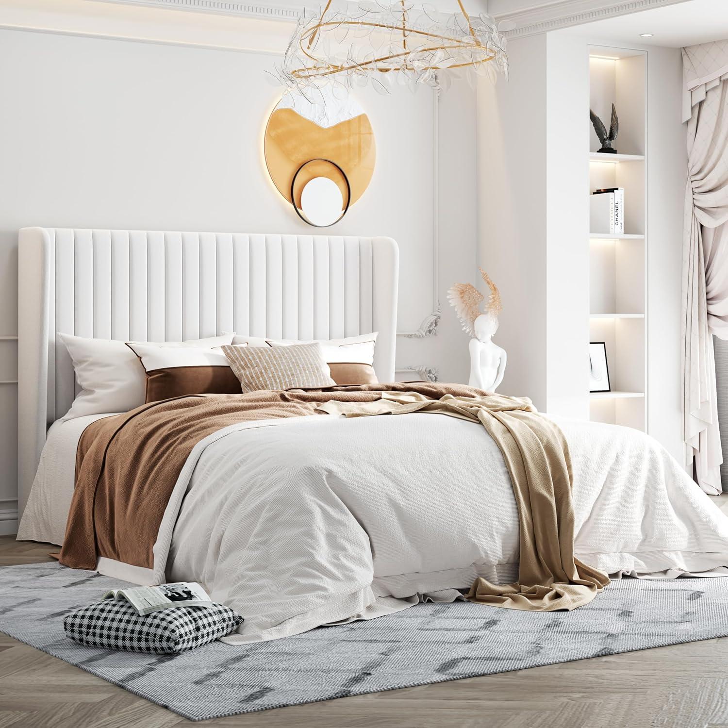 SHA CERLIN Queen Size Velvet Bed Frame with Vertical Channel Tufted Wingback Headboard, Upholstered Platform Bed with Wood Slats, No Box Spring Needed, Easy Assembly, White