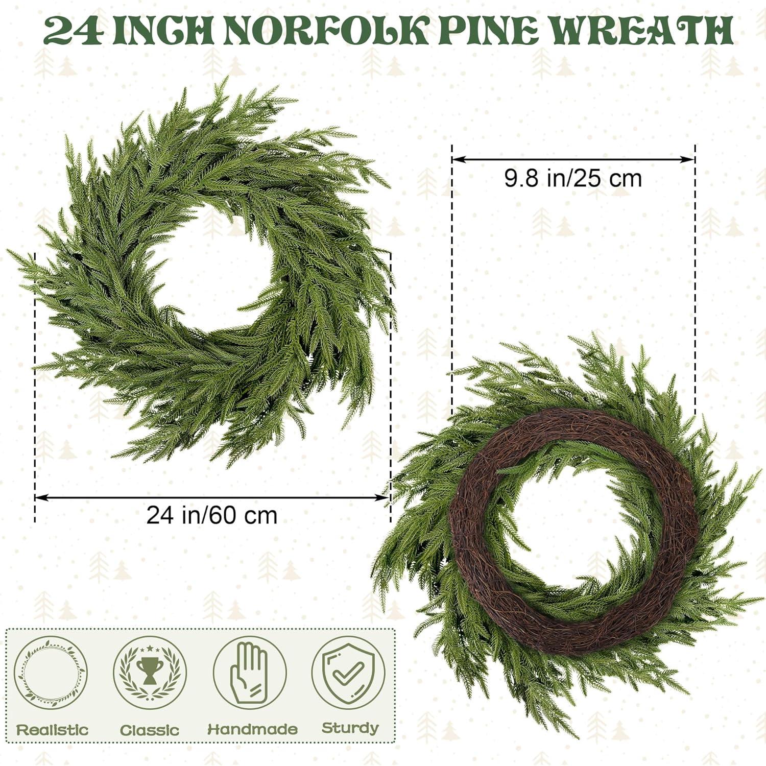 24" Pine Wreath for Front Door Artificial Christmas Wreath Green Faux Pine Wreath for Wall Windows Mantle Outdoor Christmas Decoration