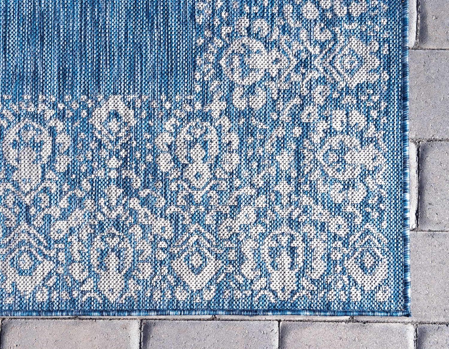 Unique Loom Outdoor Border Collection Area Rug - Floral Border (5' 1" x 8' Rectangle Blue/Ivory)