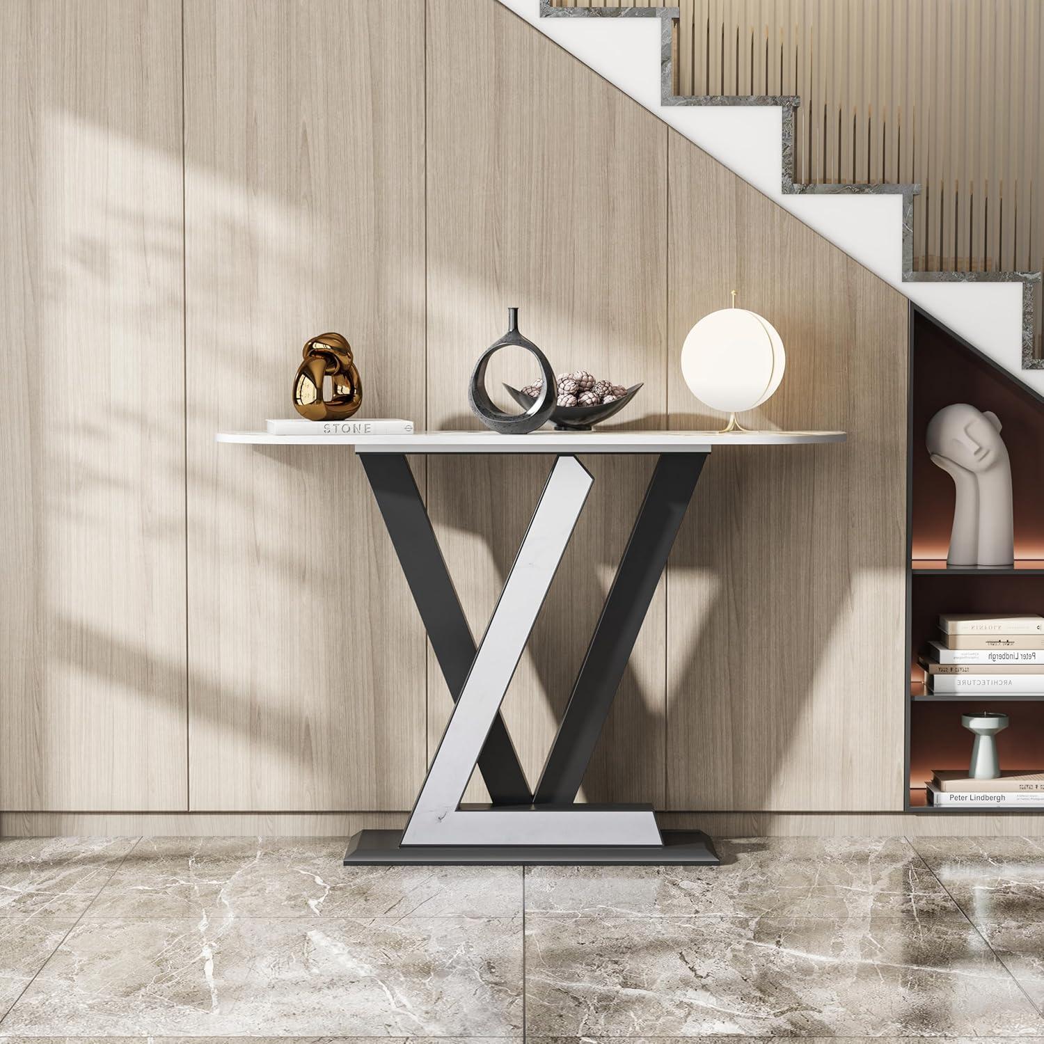 47.24'' Modern Console Table, Sintered Stone Narrow Entryway Table with Geometric Shape Metal Base for Entrance, Living Room, Hallway
