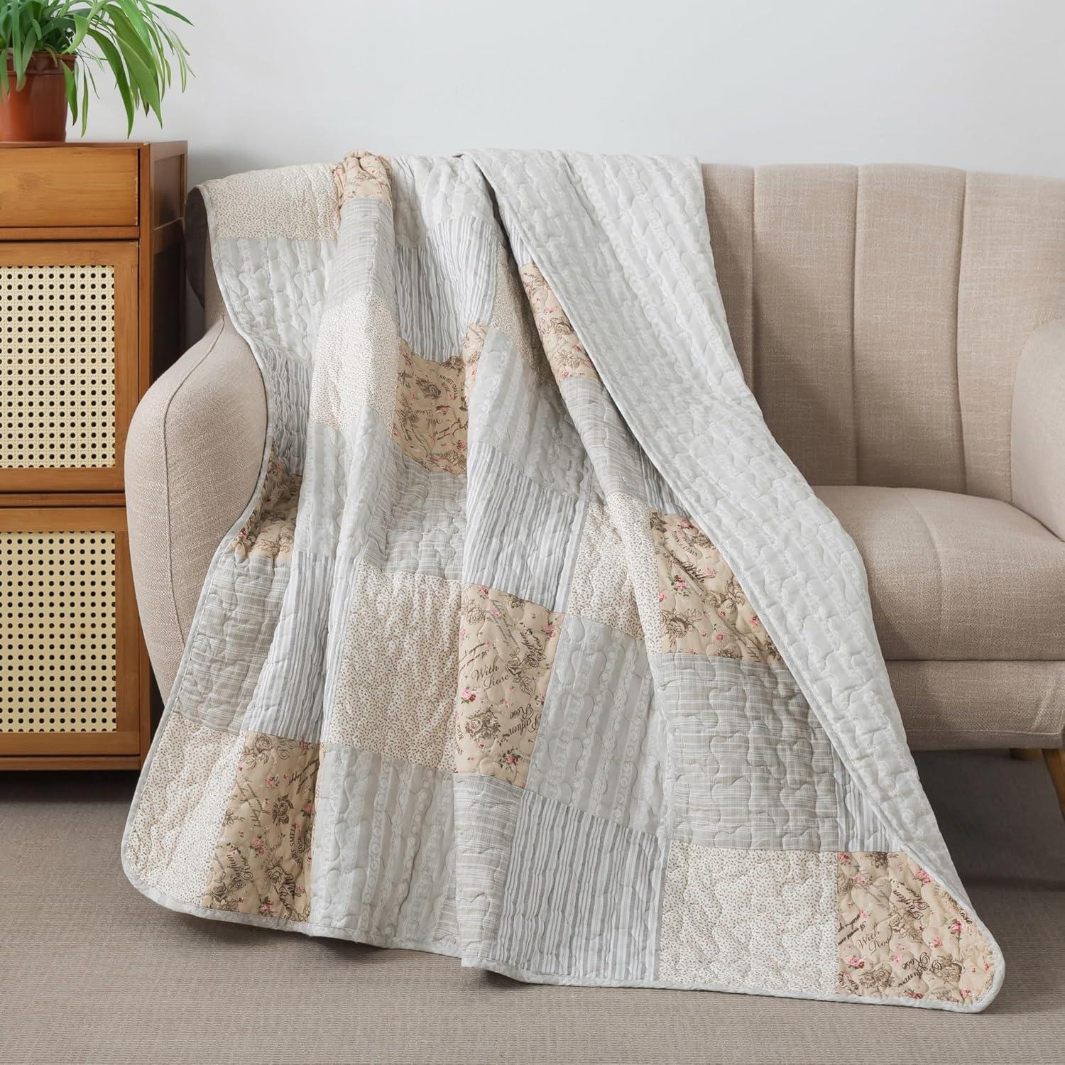 Neutral Tan and Cream Cotton Patchwork Quilted Throw Blanket