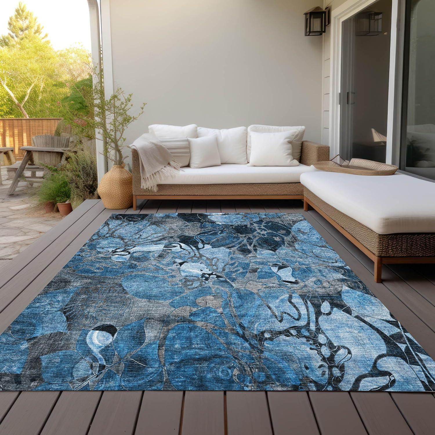 Blue Floral Synthetic 9' x 12' Washable Area Rug