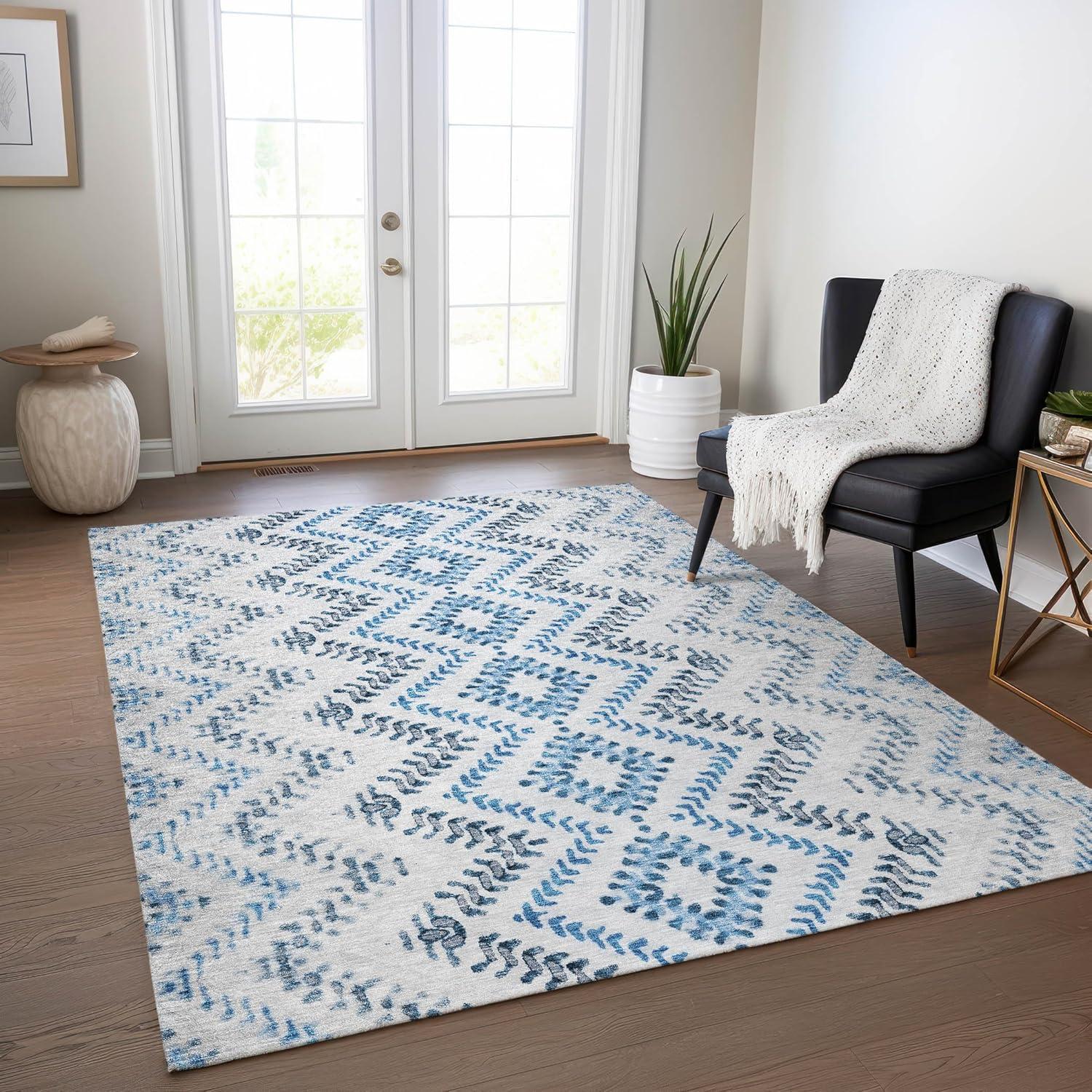 Blue and White Rectangular Washable Synthetic Area Rug