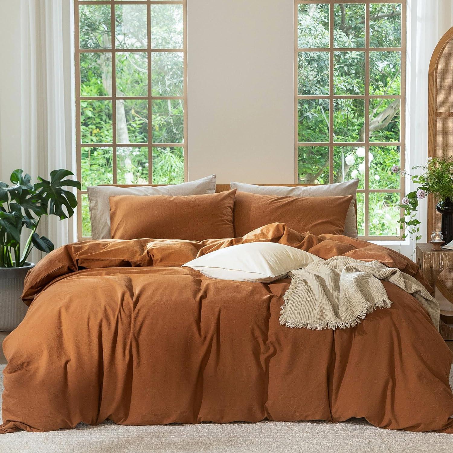 MOOMEE 100% Washed Cotton Linen Like Textured Duvet Cover Set
