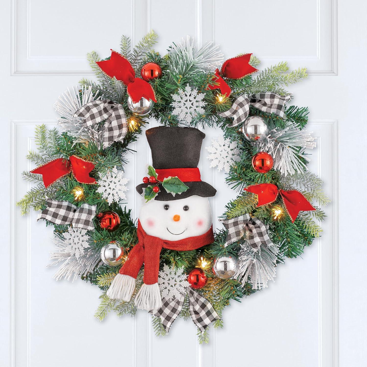 Collections Etc LED Lighted Winter Snowman Wreath with Black/White Buffalo Check Bows Green