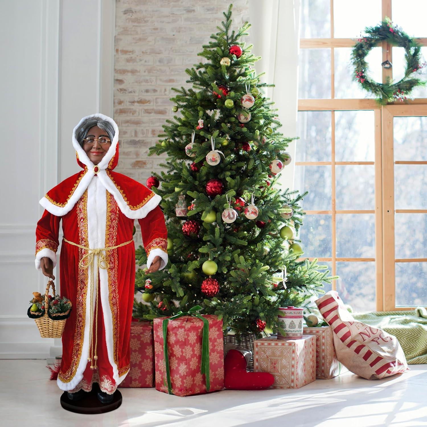 African American Dancing Mrs. Claus with Hooded Cloak and Basket Figurine