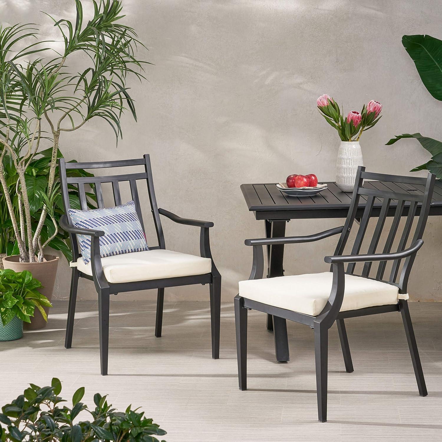 Matte Black Iron Outdoor Dining Chairs with Beige Cushions, Set of 2