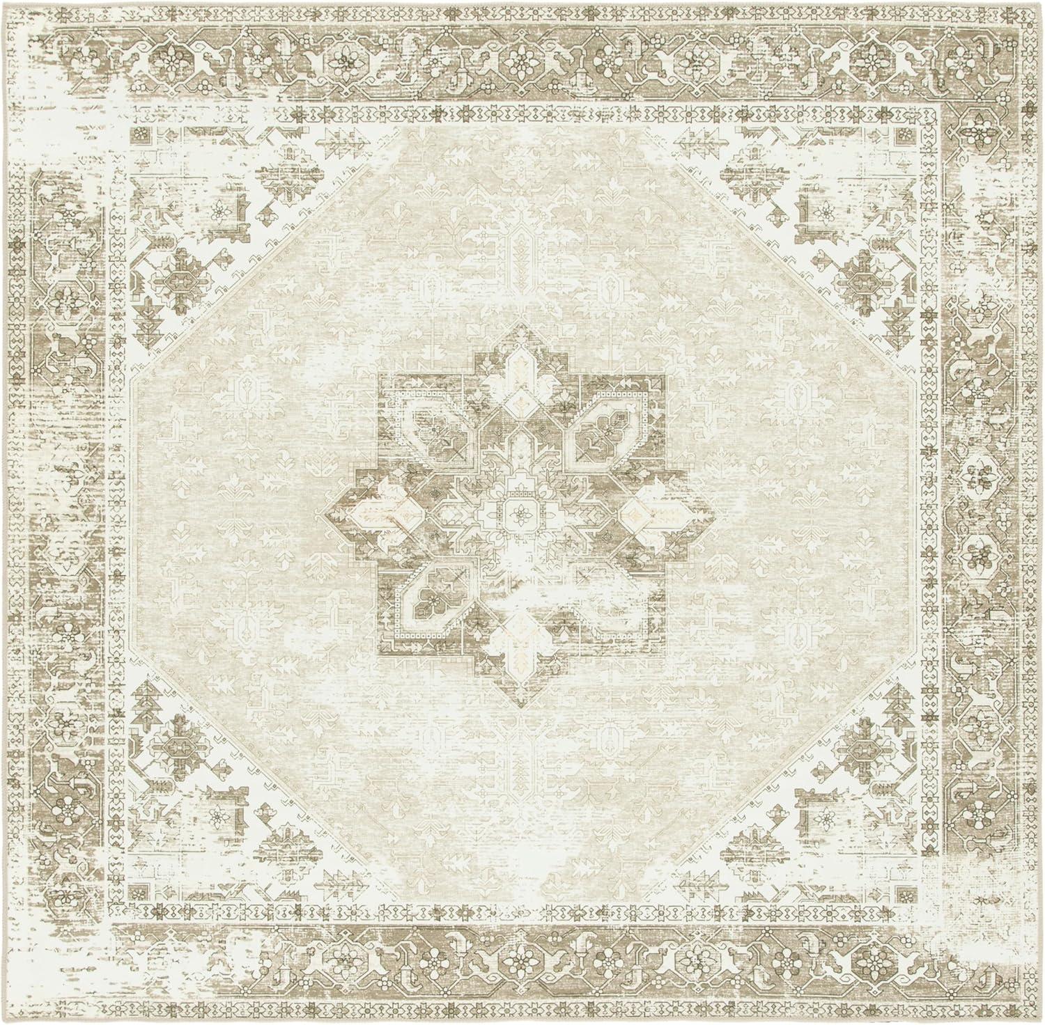 Ivory and Sage Square Washable Synthetic Area Rug