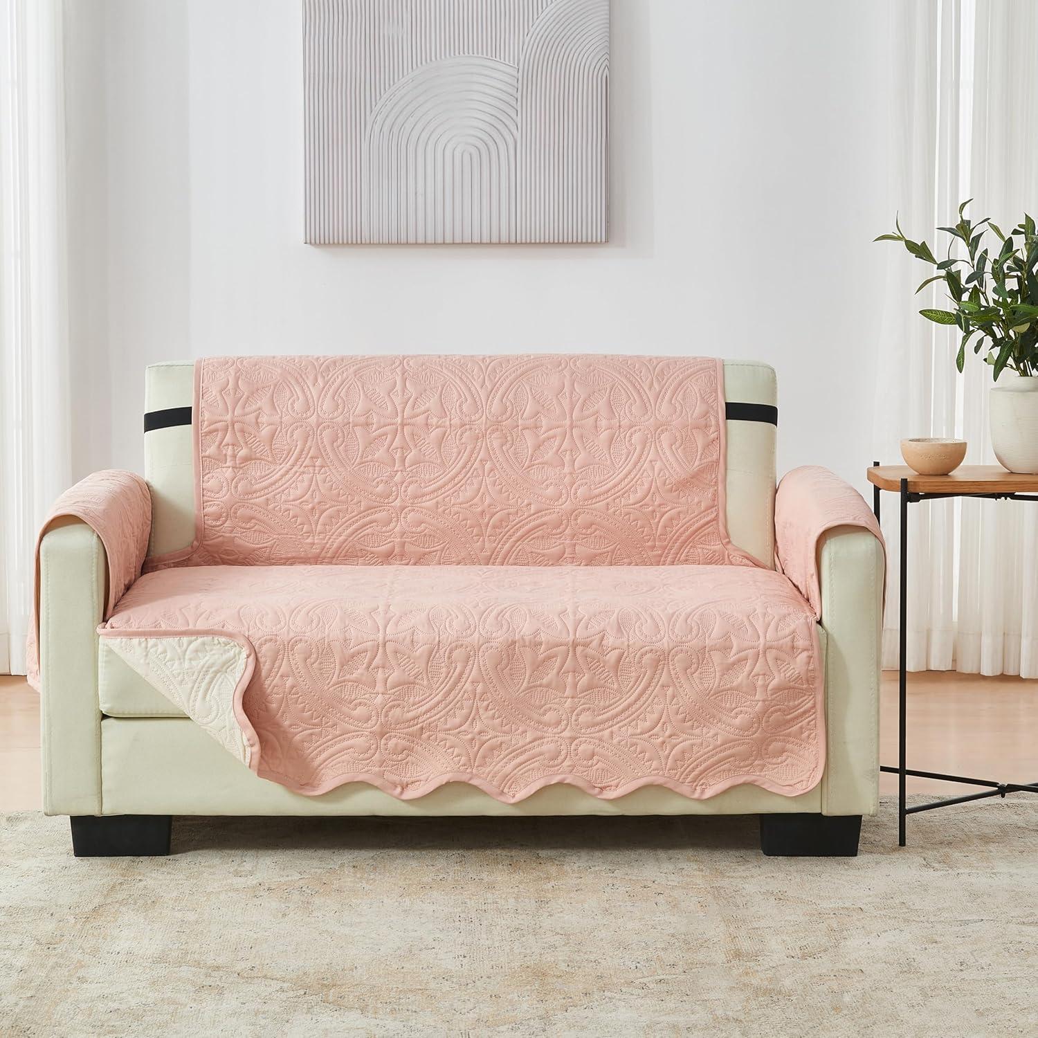 Dusty Rose Quilted Reversible Loveseat Cover with Elastic Straps