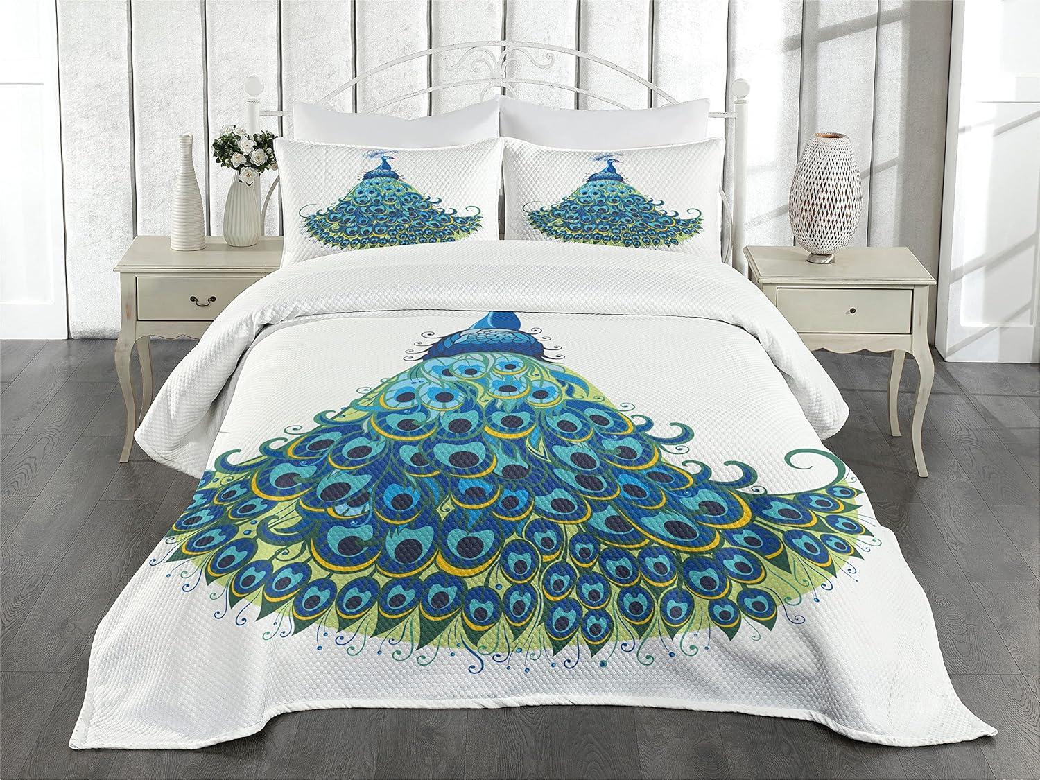 Ambesonne Peacock Bedspread Floral Feathery Bird