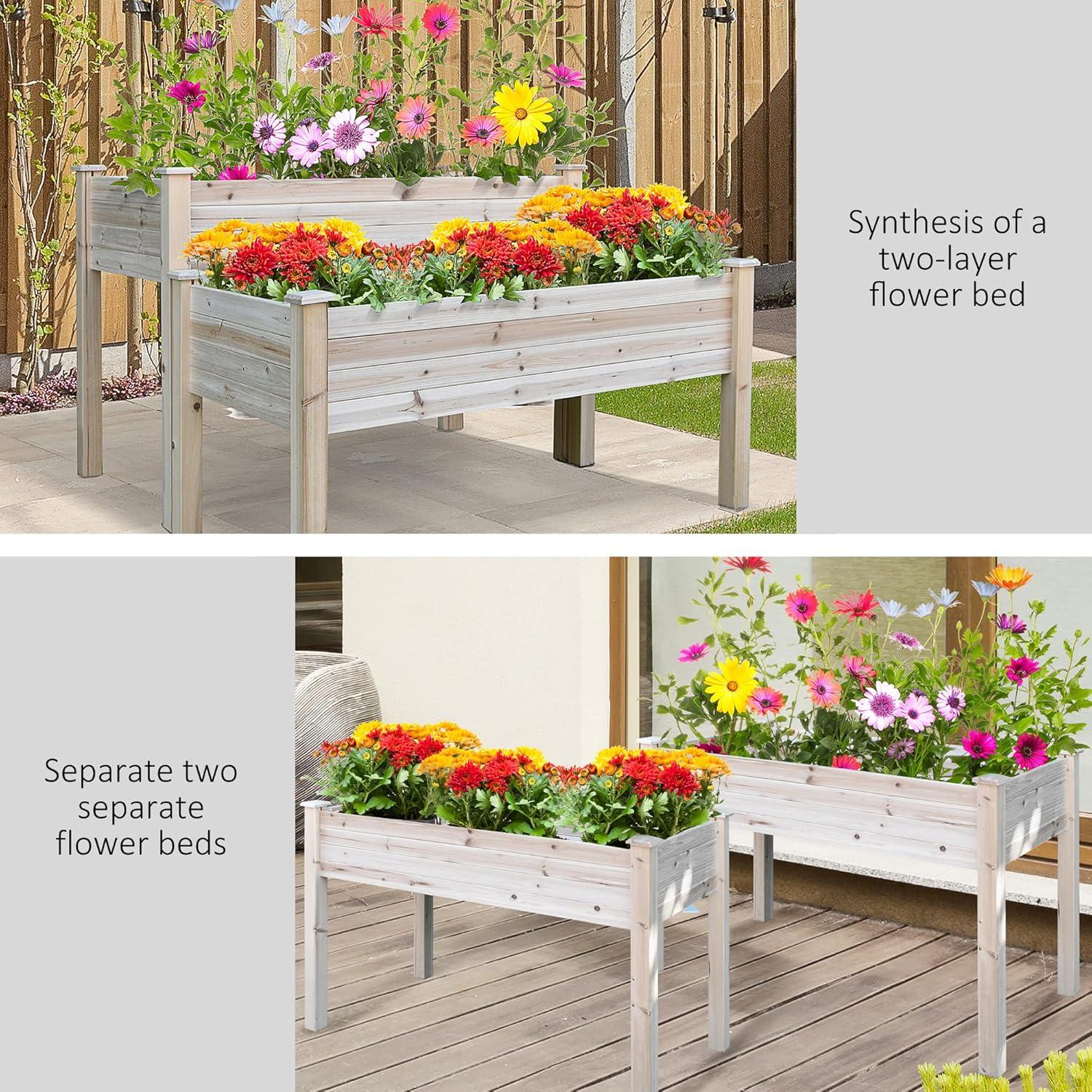 Outsunny 2 Tier Raised Garden Bed, Elevated Wooden Planter Box, Natural