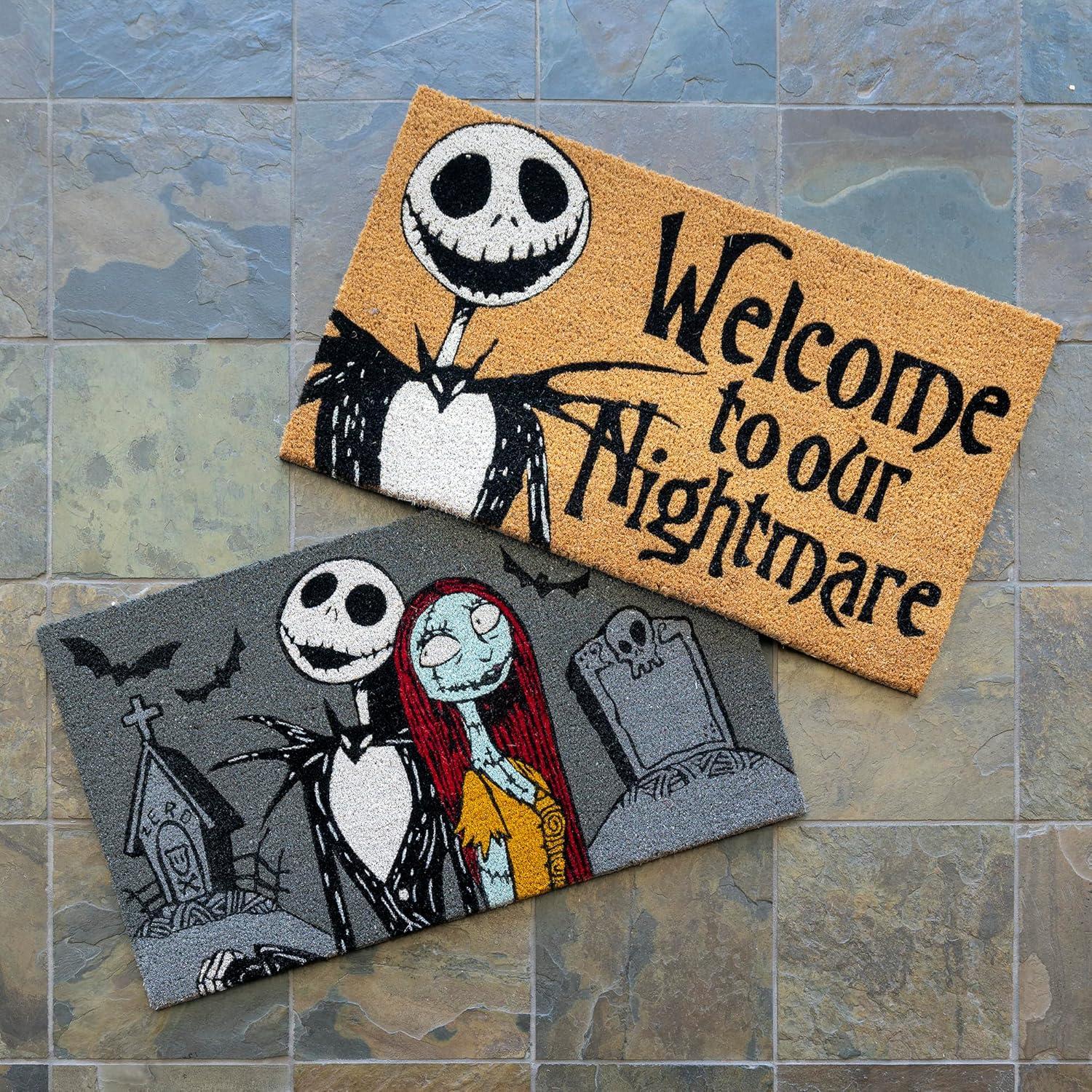 Disney Nightmare Before Christmas Jack Sally Welcome Black White Natural Graphic Non-Slip Indoor/ Outdoor Coir Door Mat 2-Pack, 20x34 (Set of 2)