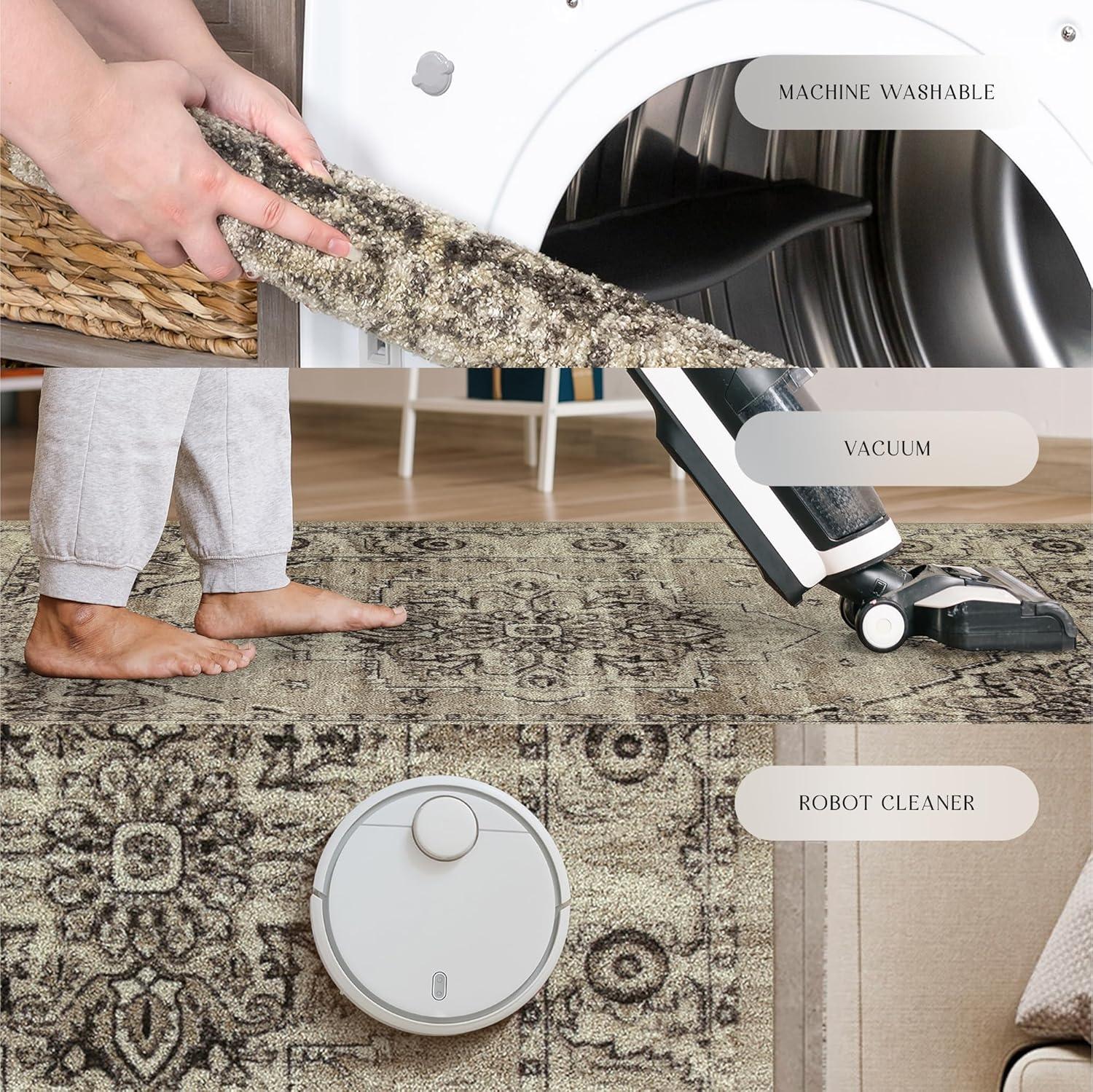 Maples Rugs Lexington Farmhouse Floral Taupe Washable Entryway Area Rug, 2'6 x 3'10