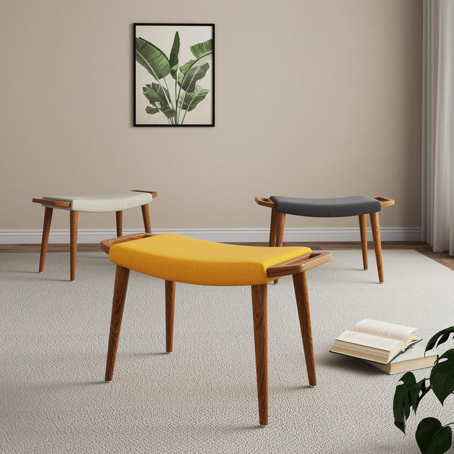 Manhattan Comfort Geta Ottoman Charcoal: Upholstered Linen Footstool, Ash Wood Legs, No Assembly Required