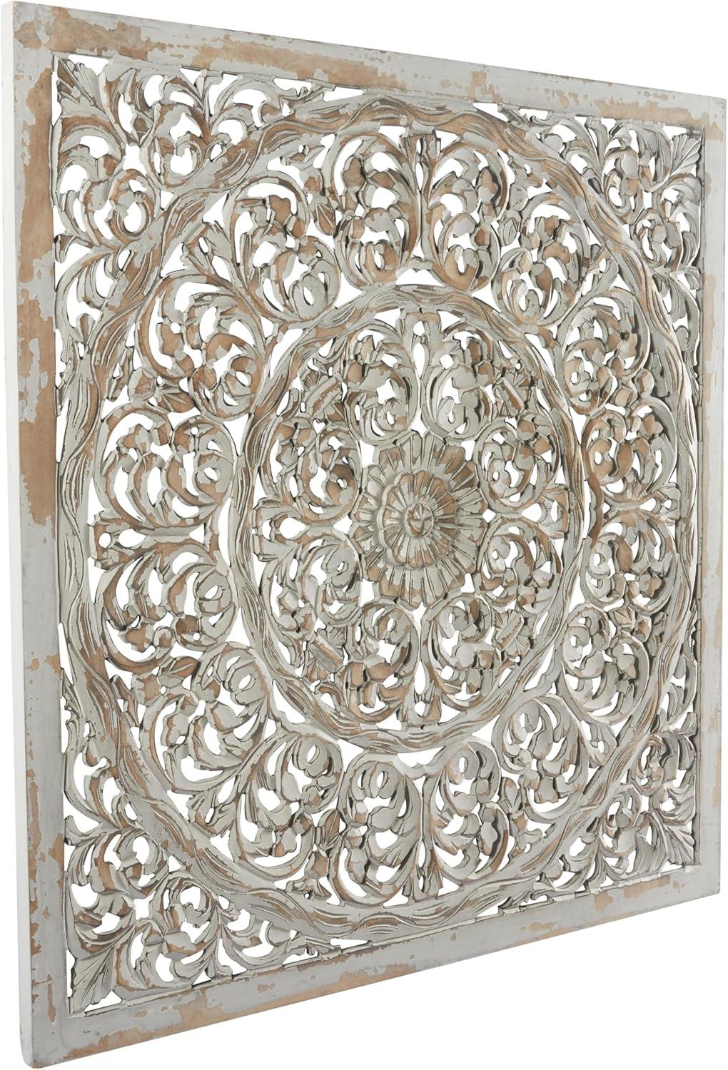 DecMode Brown Wood Handmade Intricately Carved Floral Wall Decor with Mandala Design