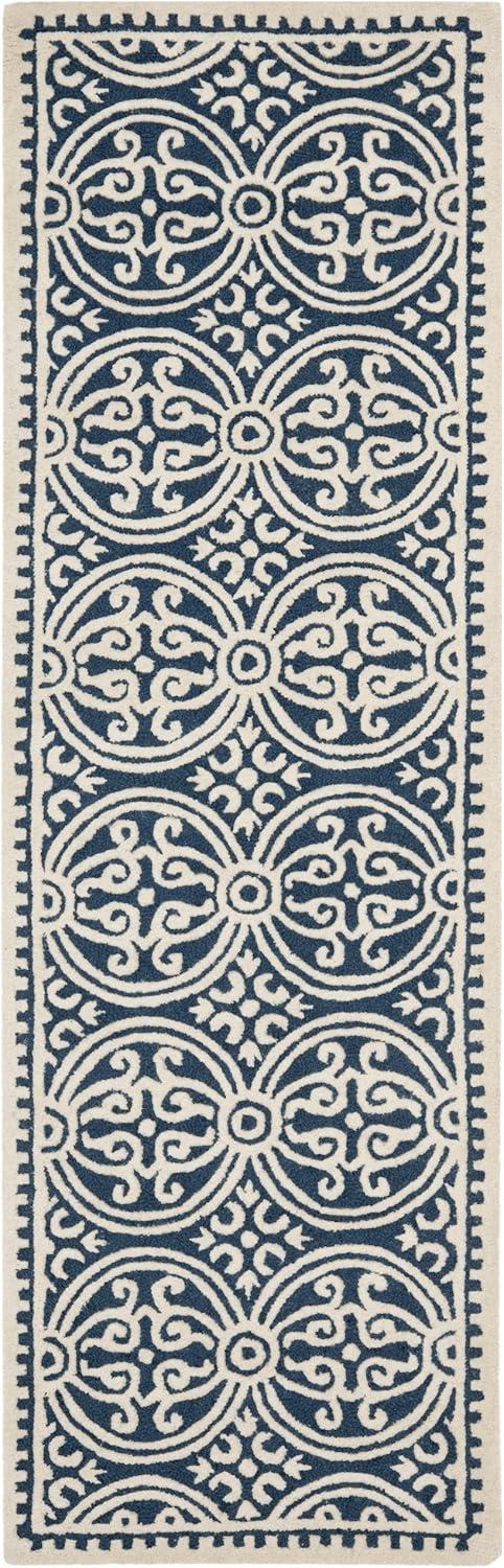 Hand-Tufted Navy Blue and Ivory Wool Runner Rug, 2'6" x 10'