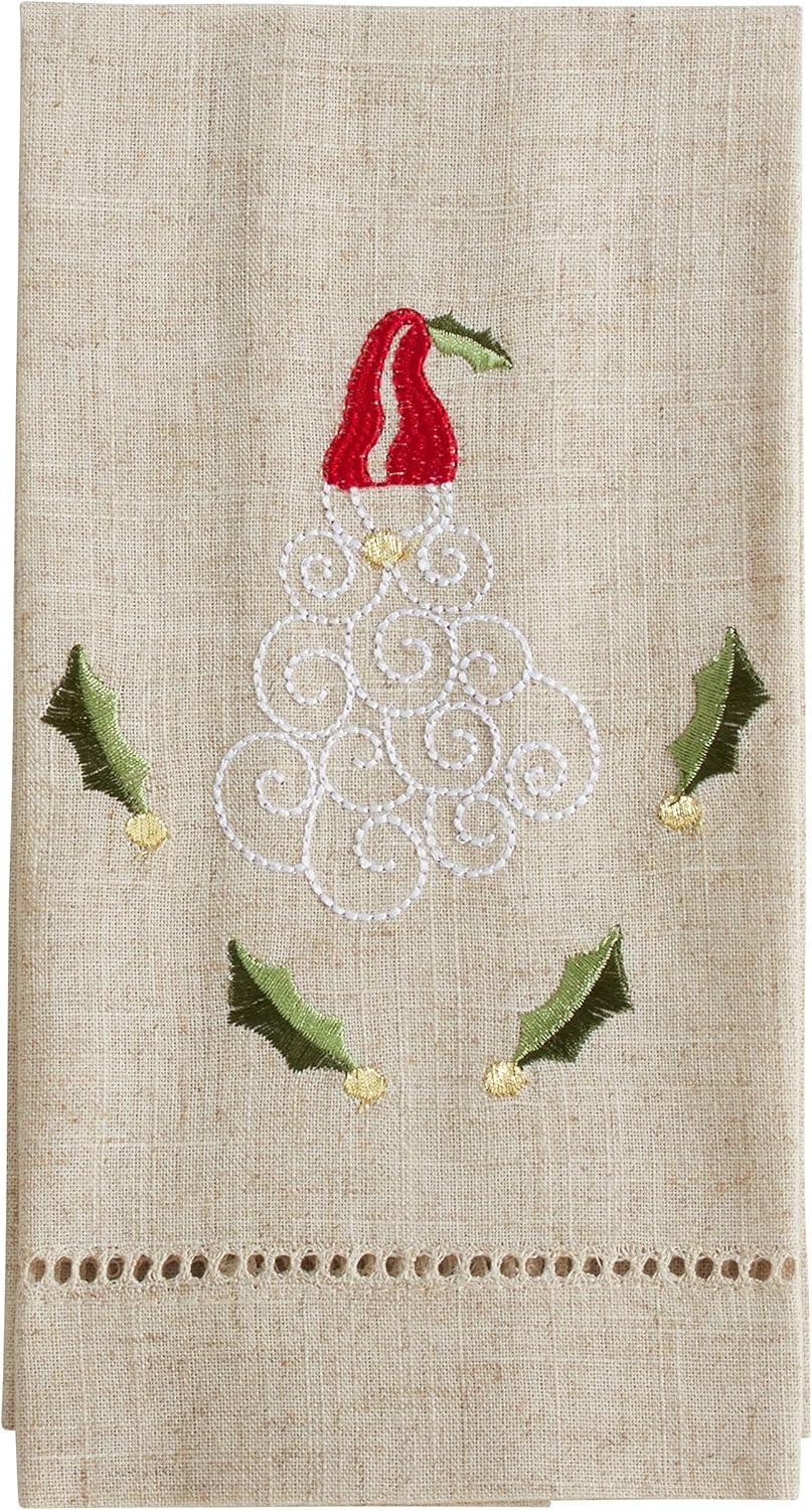 Fennco Styles Embroidered and Hemstitched Design Santa Linen-Poly Guest Towels 14 x 22 Inch, Set of 4