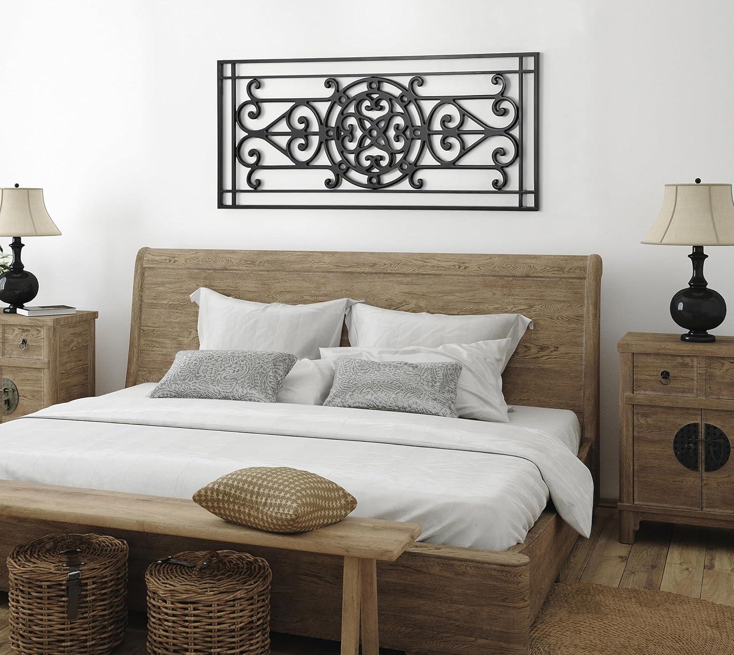 Kate and Laurel Ellard Farmhouse Rectangle Wall Art Plaque, 20 x 44, Black, Traditional Panel Decorative Wall Plaque with Ornate Painted Wooden Scrollwork and Sturdy Metal Frame