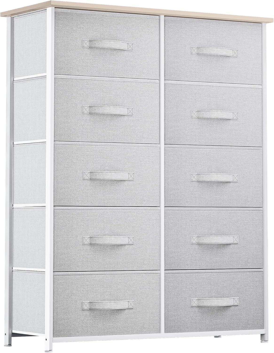 Gray 10-Drawer Fabric Storage Tower with Wooden Top