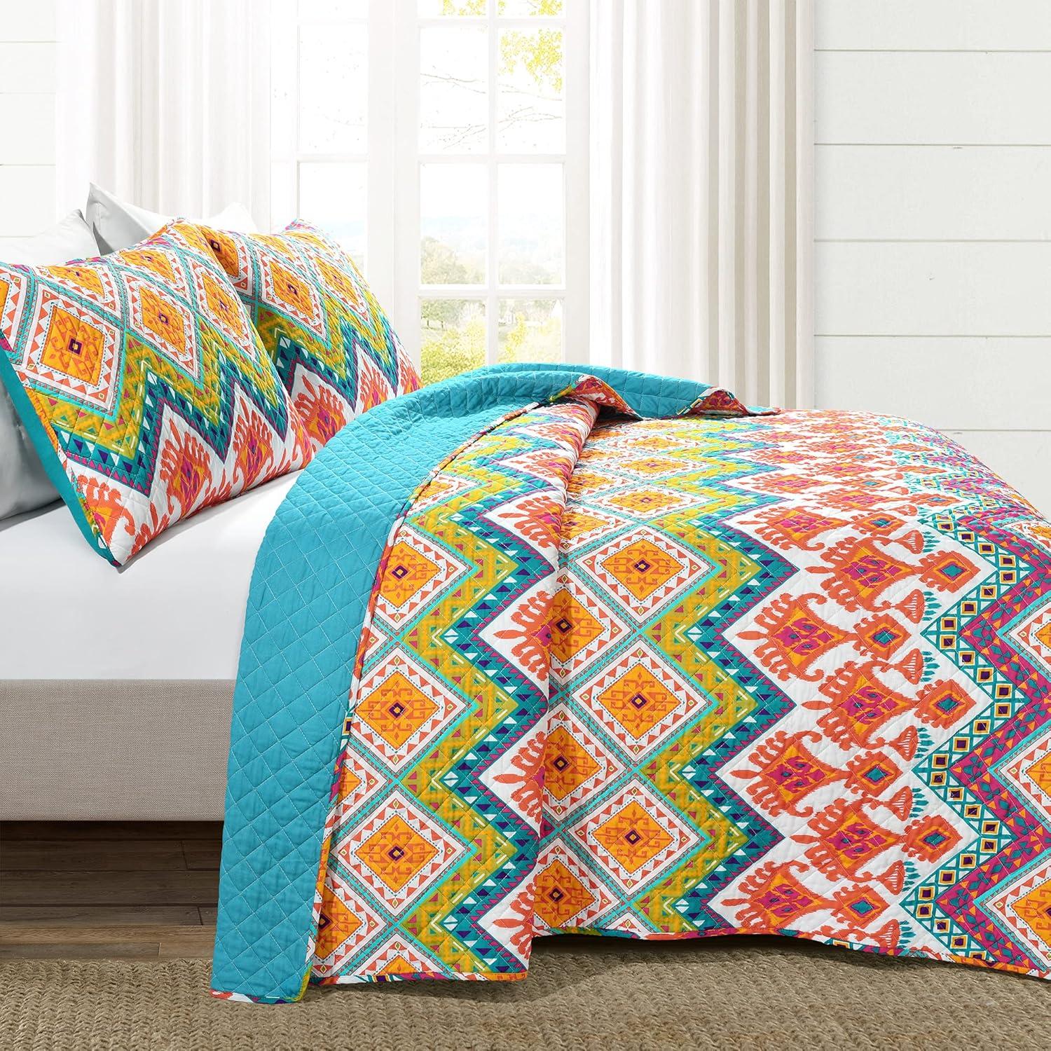 Boho Turquoise/Orange/Purple Standard Cotton Reversible 3 Piece Quilt Set