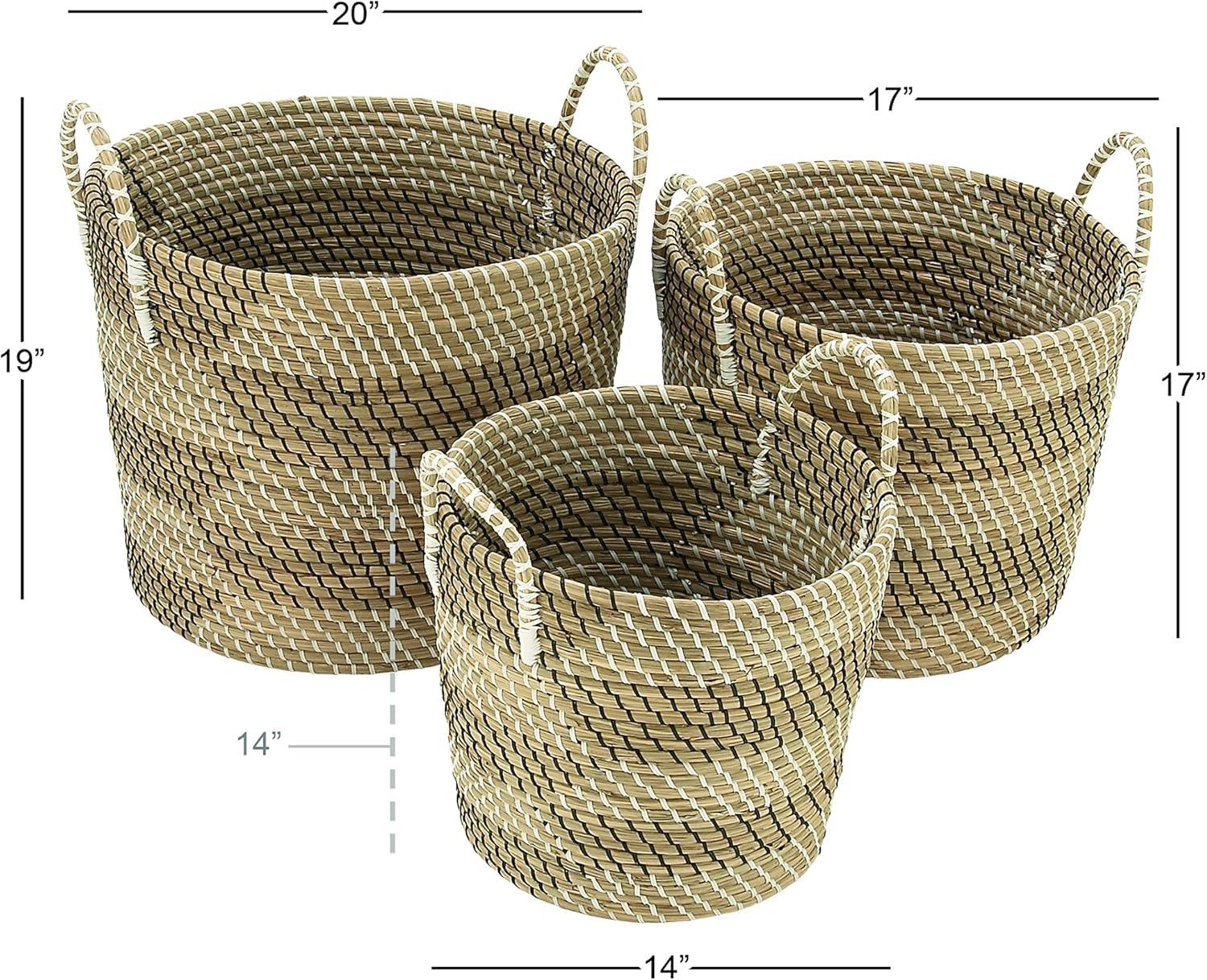 DecMode 14", 17", 19"H Beige Seagrass Handmade Two Toned Storage Basket with Handles, 3-Pieces