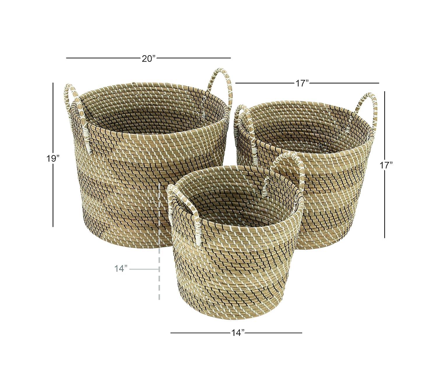 CosmoLiving by Cosmopolitan 13", 16", 18"W Brown Seagrass Handmade Two Toned Storage Basket with Handles, 3-Pieces