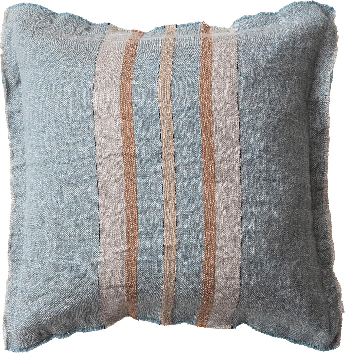 20" Blue and Beige Linen Striped Pillow with Fringe