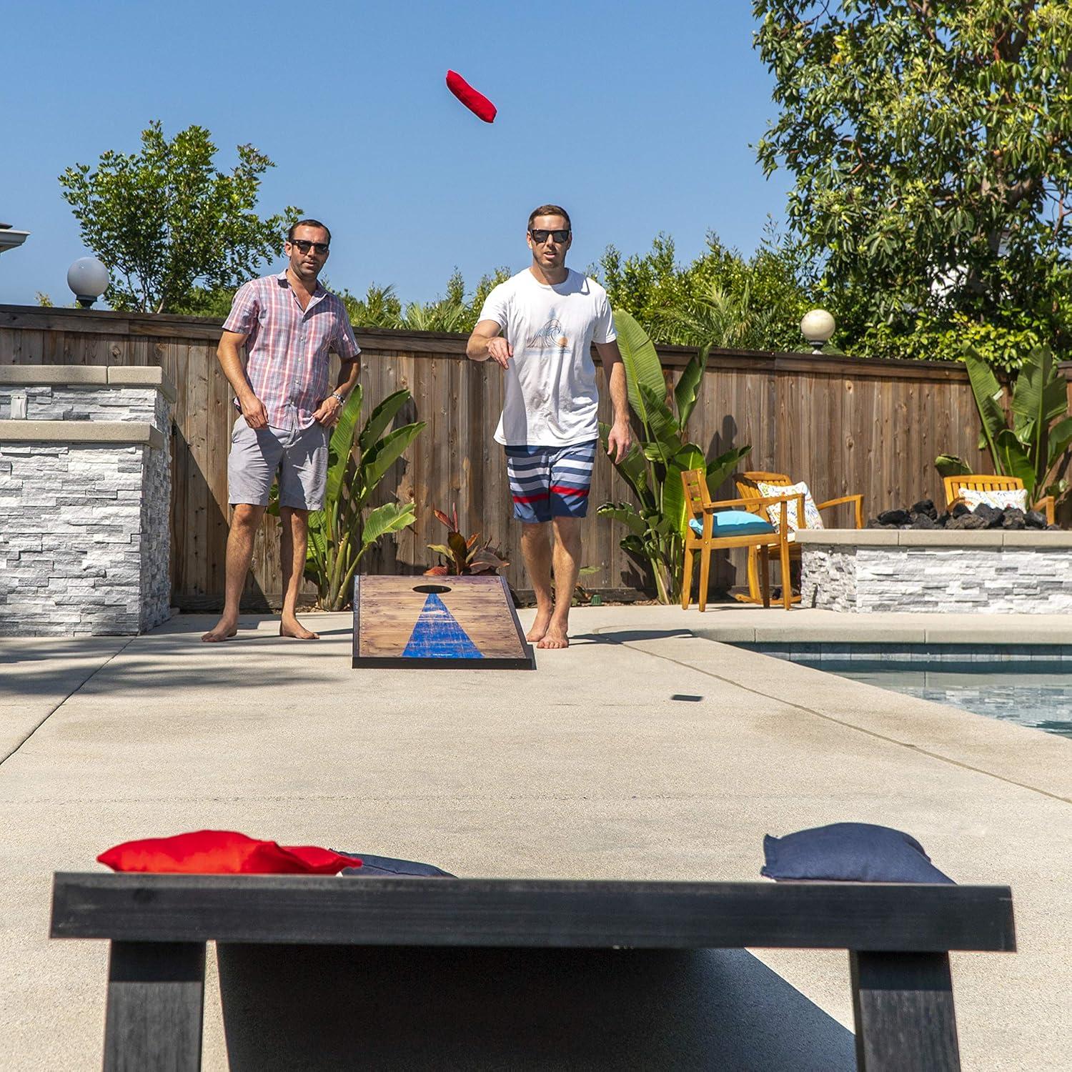 Rustic Wood Cornhole Set with Red and Blue Bean Bags