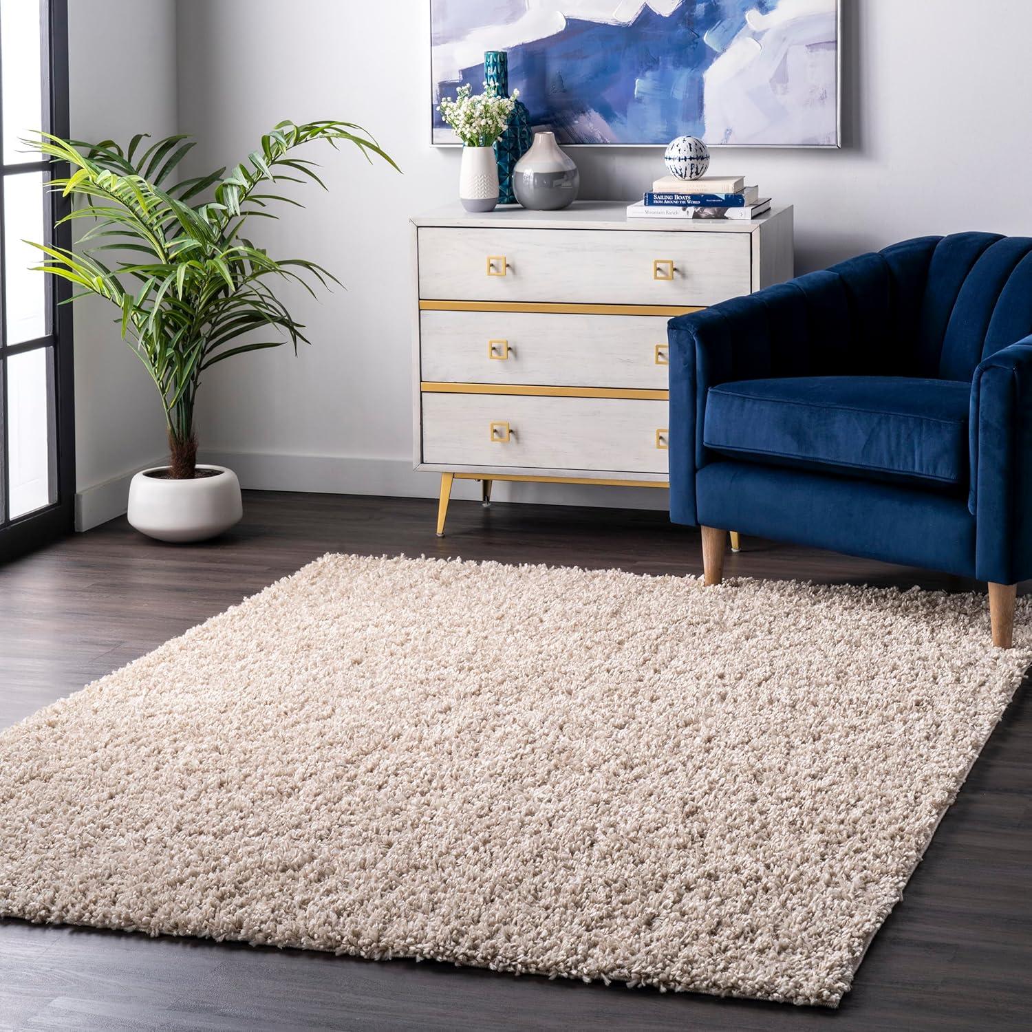 Beige 4' x 6' Solid Shag Synthetic Area Rug