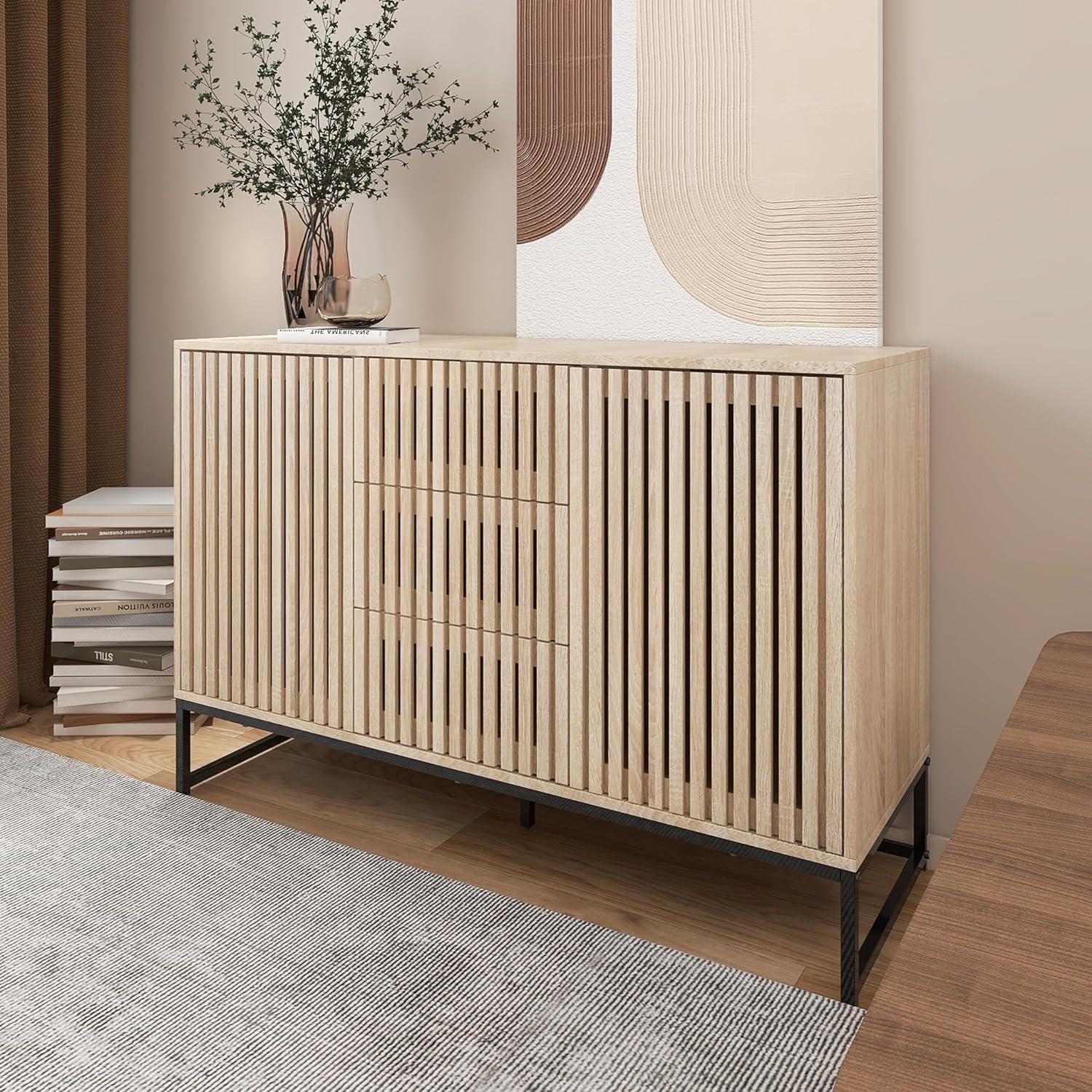 Natural Wood Fluted Sideboard with Metal Base and Drawers