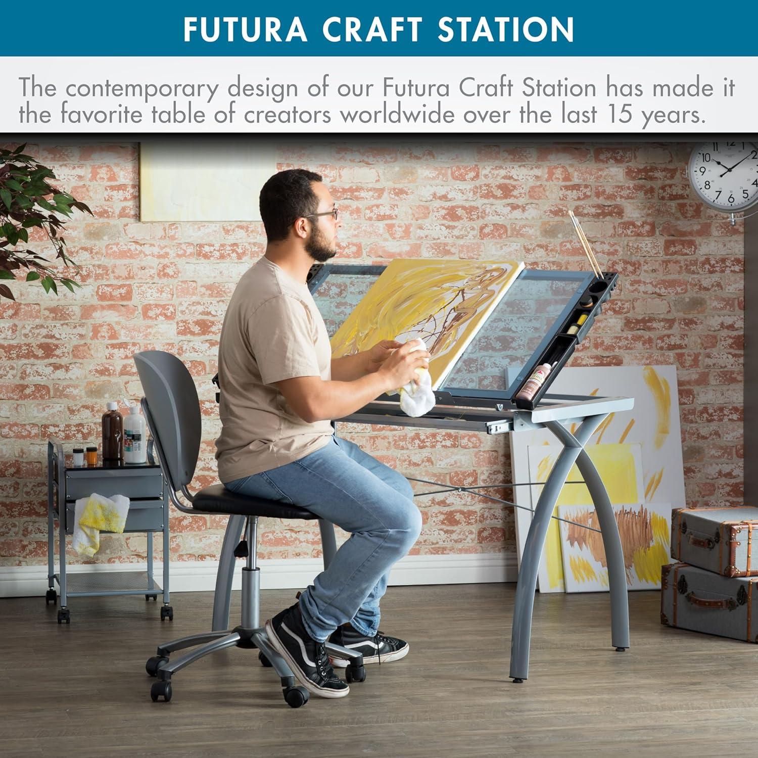 Studio Designs Futura Crafting, Drafting, Drawing Table with Adjustable Top, Silver/Blue Glass- Height 31.50 in.