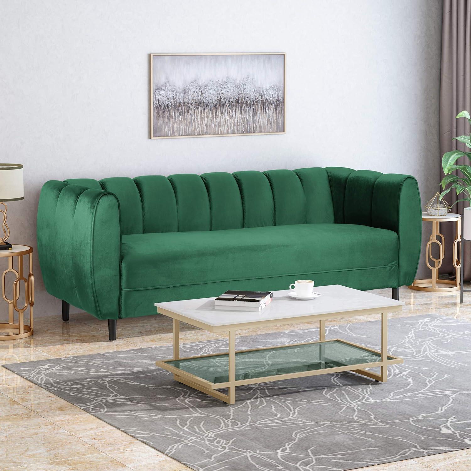 Emerald Velvet Tufted 3-Seater Sofa with Dark Brown Legs