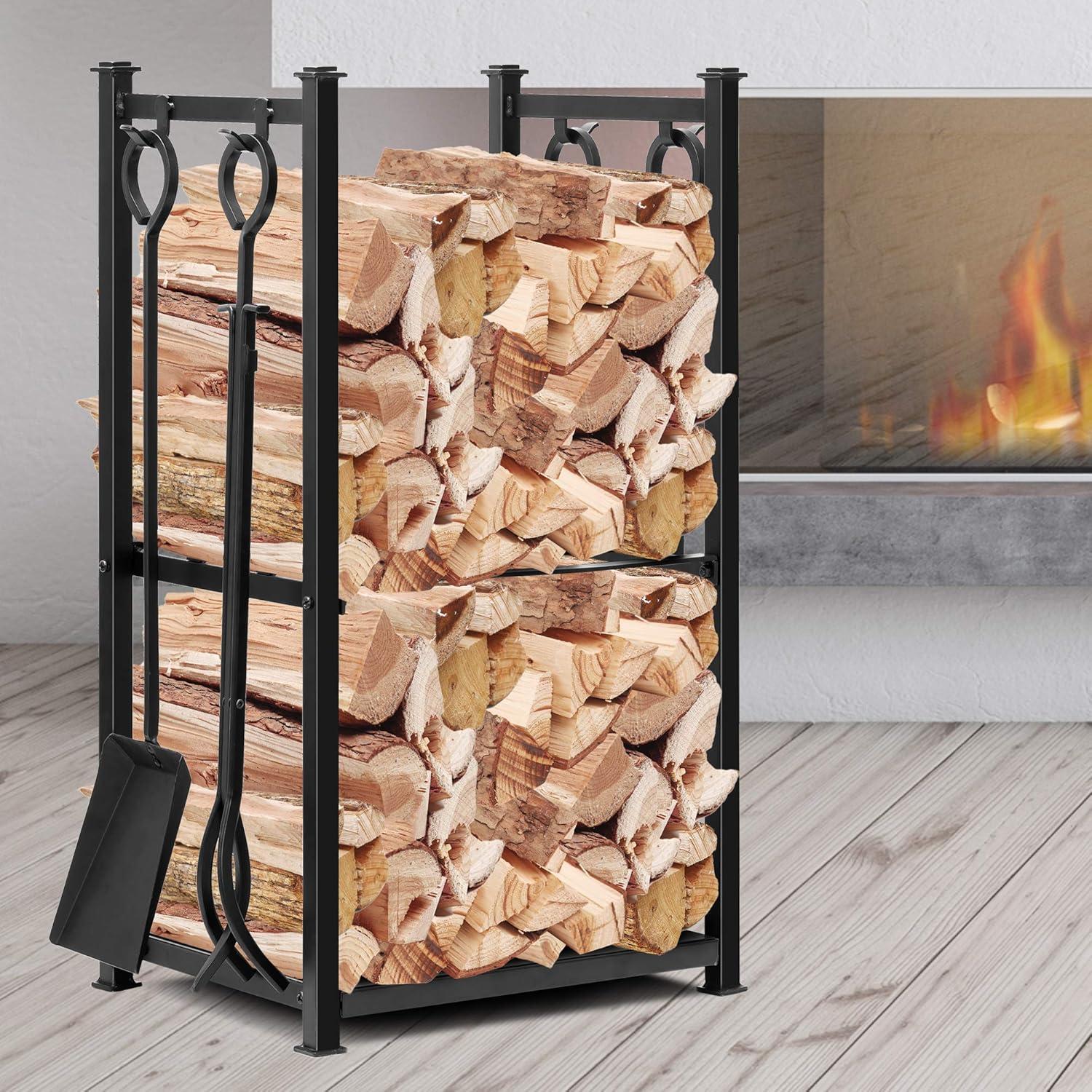 Black Wrought Iron Firewood Rack with Tools Set