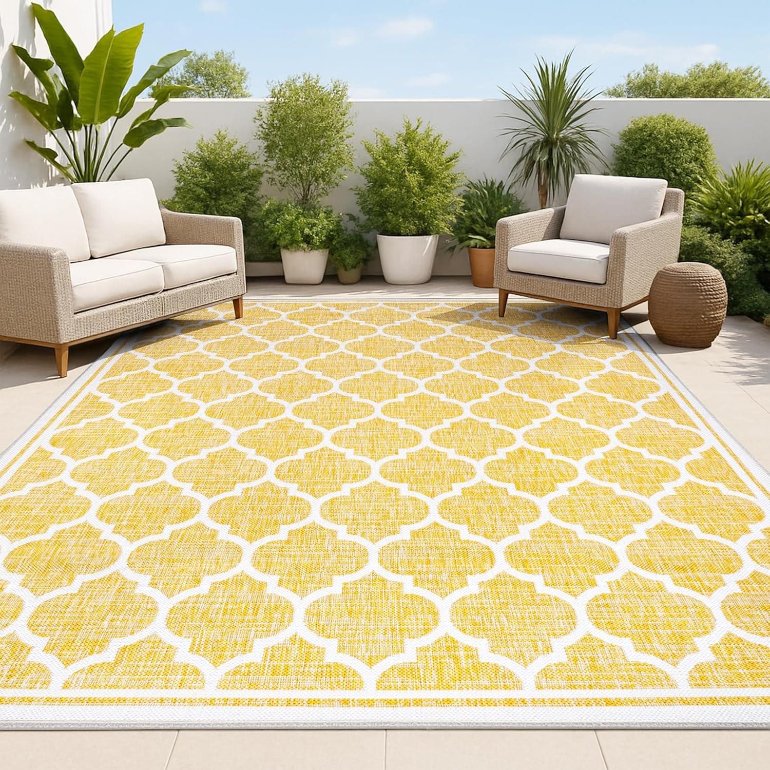 9' x 12' Trebol Moroccan Trellis Textured Weave Indoor/Outdoor Area Rug, Yellow/Cream - JONATHAN Y