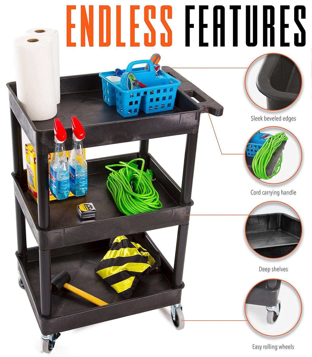 Tubstr Compact 3 Shelf Utility Cart | Heavy Duty Service Cart Supports up to 300 lbs! | Tub Cart with Deep Shelves | Great for Warehouse, Garage, Cleaning & More (3 Shelf/Black / 24 x 18)