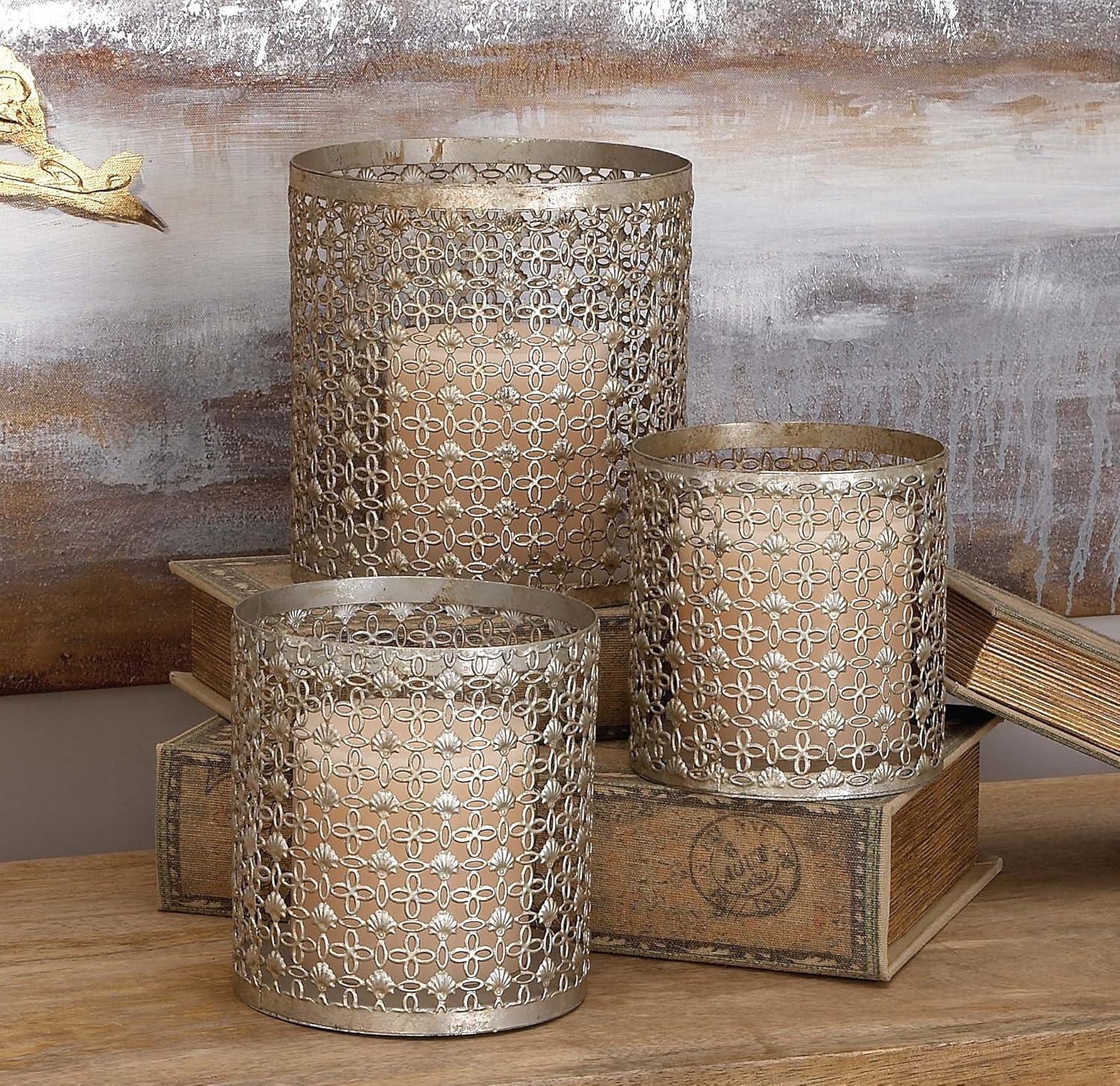 Rustic Gray Iron Candle Lantern Set with Intricate Cutouts