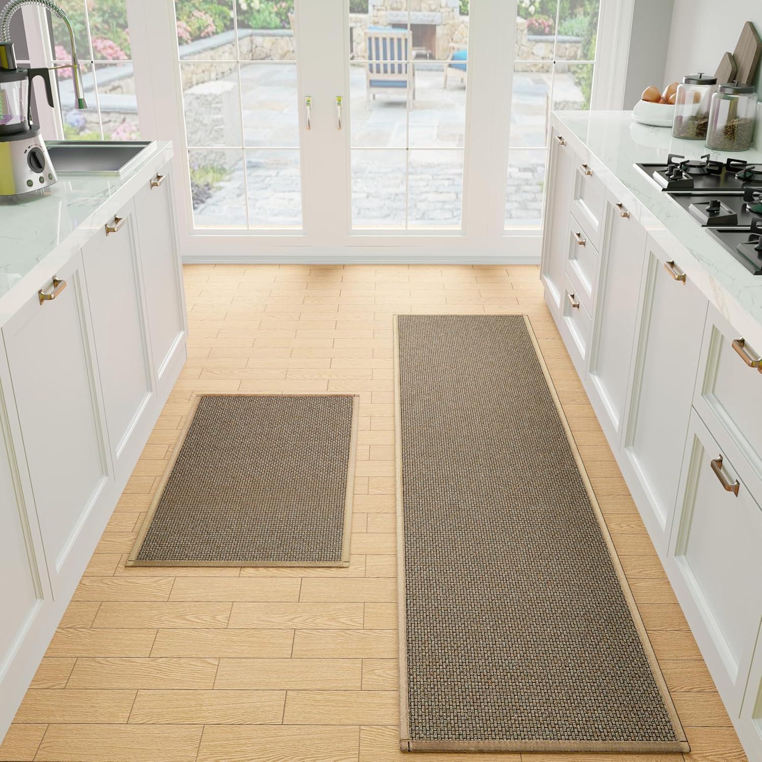 Kitchen Mat Set of 2 PCS, Cushioned Non Slip Rugs for Kitchen Floor, Absorbent Runner Comfort Standing Mats Washable for Kitchen, Office, Home (Brown, 17.3"x47"+17.3"x30")