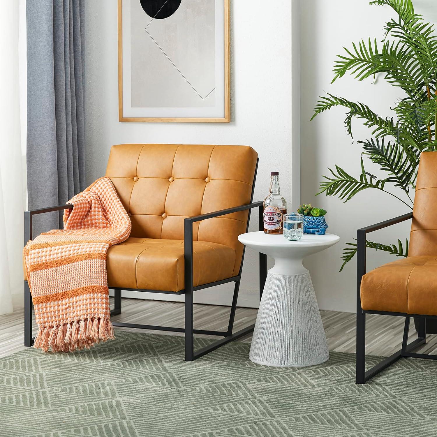 Mid-Century Modern Leatherette Button Tufted Arm Accent Chair Camel - Glitzhome: Chrome-Plated Metal Frame, Polyurethane Upholstery