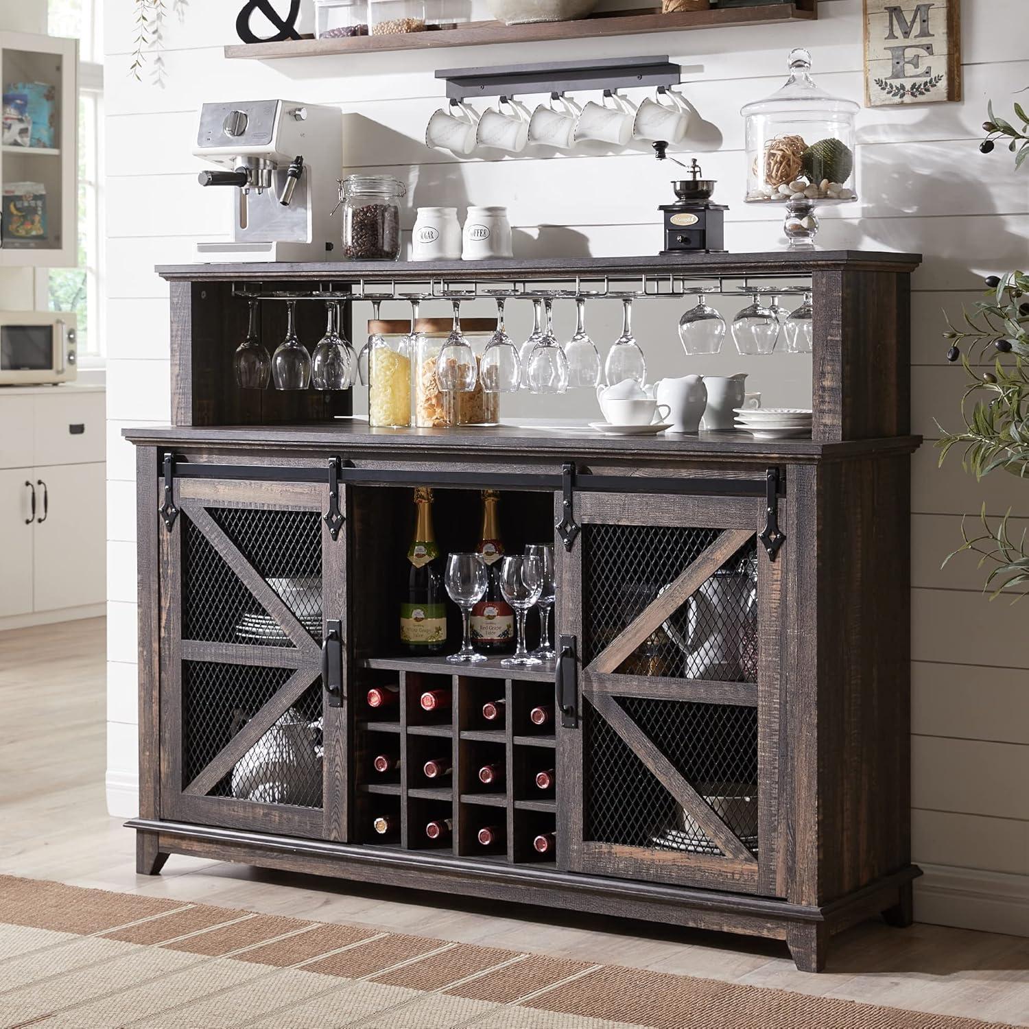 Rustic Dark Oak 55" Coffee Bar Cabinet with LED Lights and Sliding Barn Door