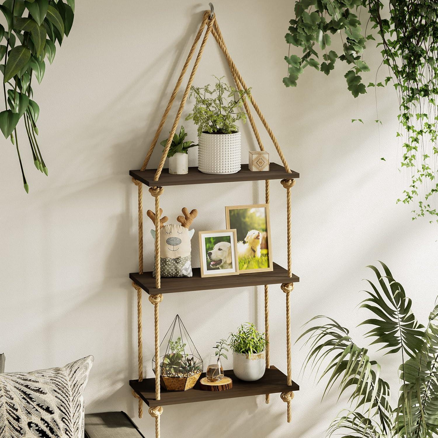 Bamboo and Rope 3-Tier Floating Wall Shelves