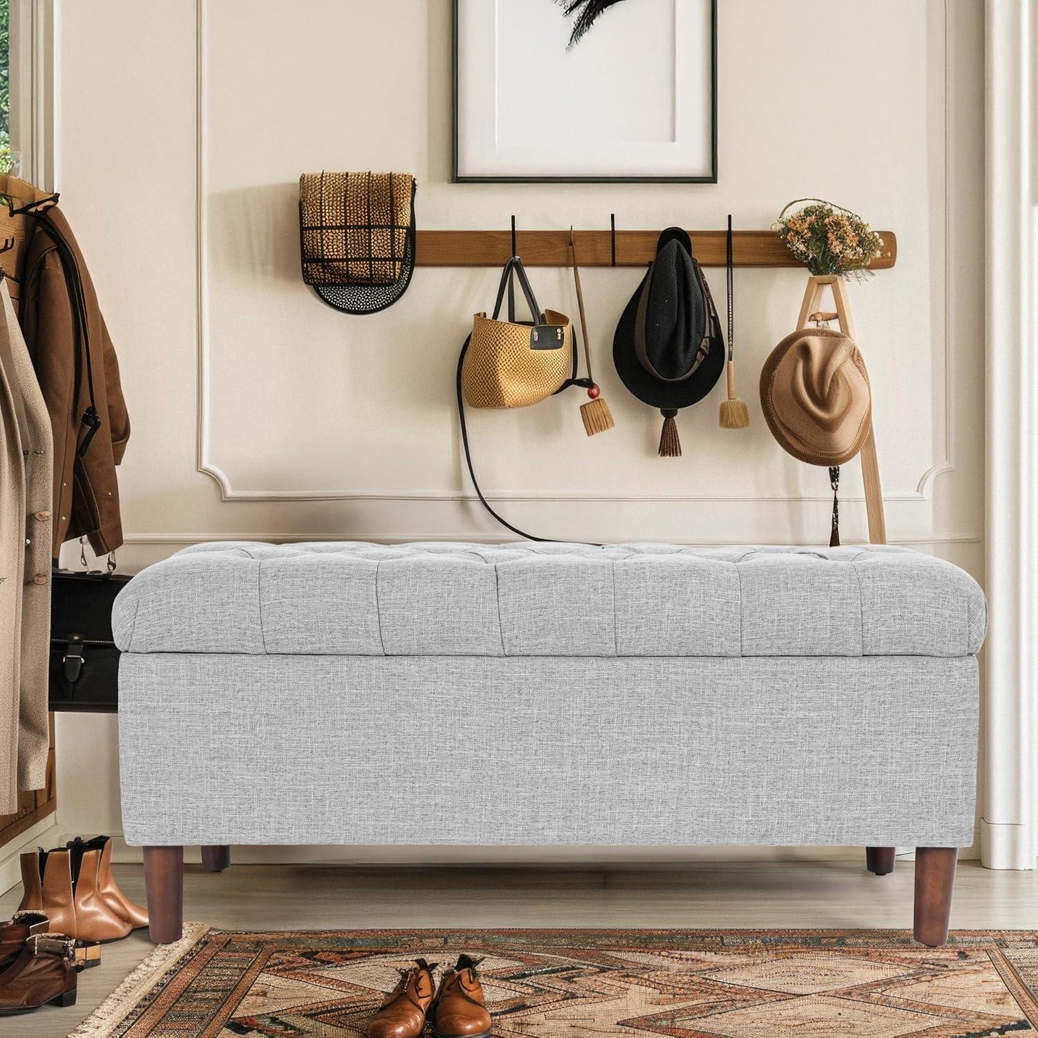 Button Tufted Storage Bench with Cone Wood Legs Gray - HomePop: Hinged Lid, Bedroom Ottoman