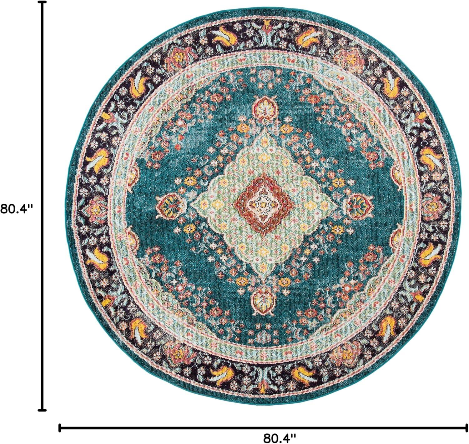 SAFAVIEH Madison Sonam Floral Bordered Area Rug, Navy/Turquoise, 6'7" x 6'7" Round