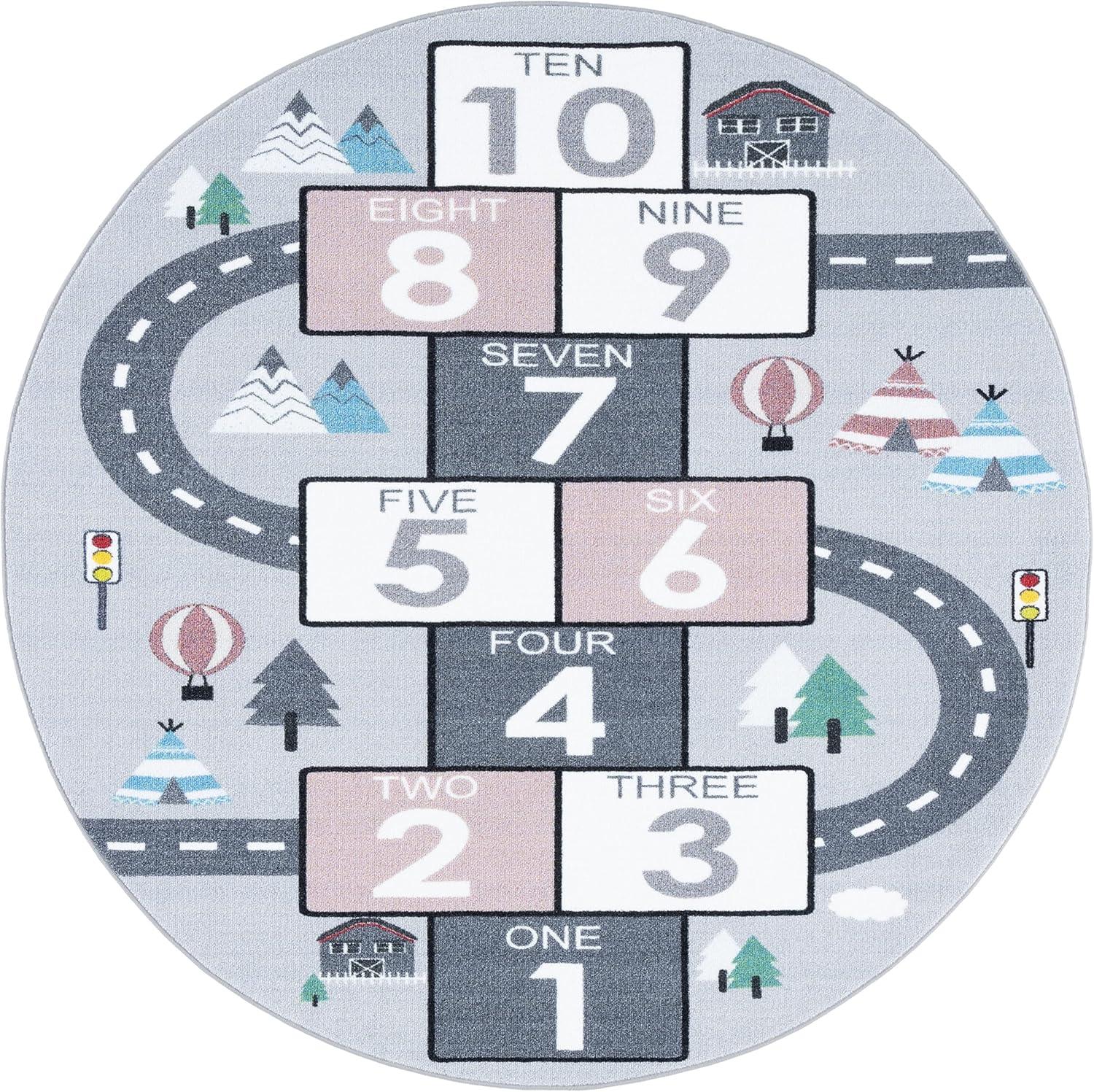 Grey and Pink Round Hopscotch Kids Play Rug, 5' x 5'