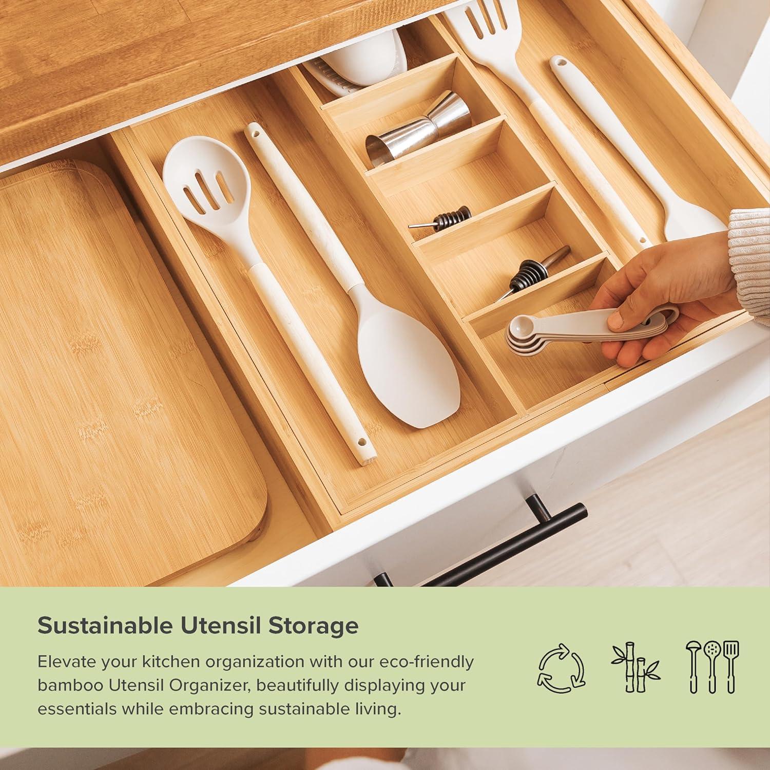 KitchenEdge Adjustable Kitchen Drawer Organizer for Utensils, Expandable to 33 in Wide, 9 Compartments, Bamboo