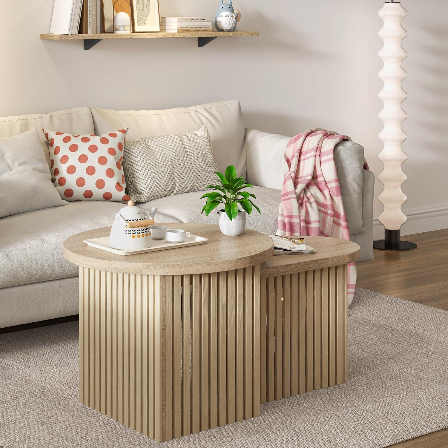 Natural Wood Round Nesting Coffee Table Set with Fluted Panels